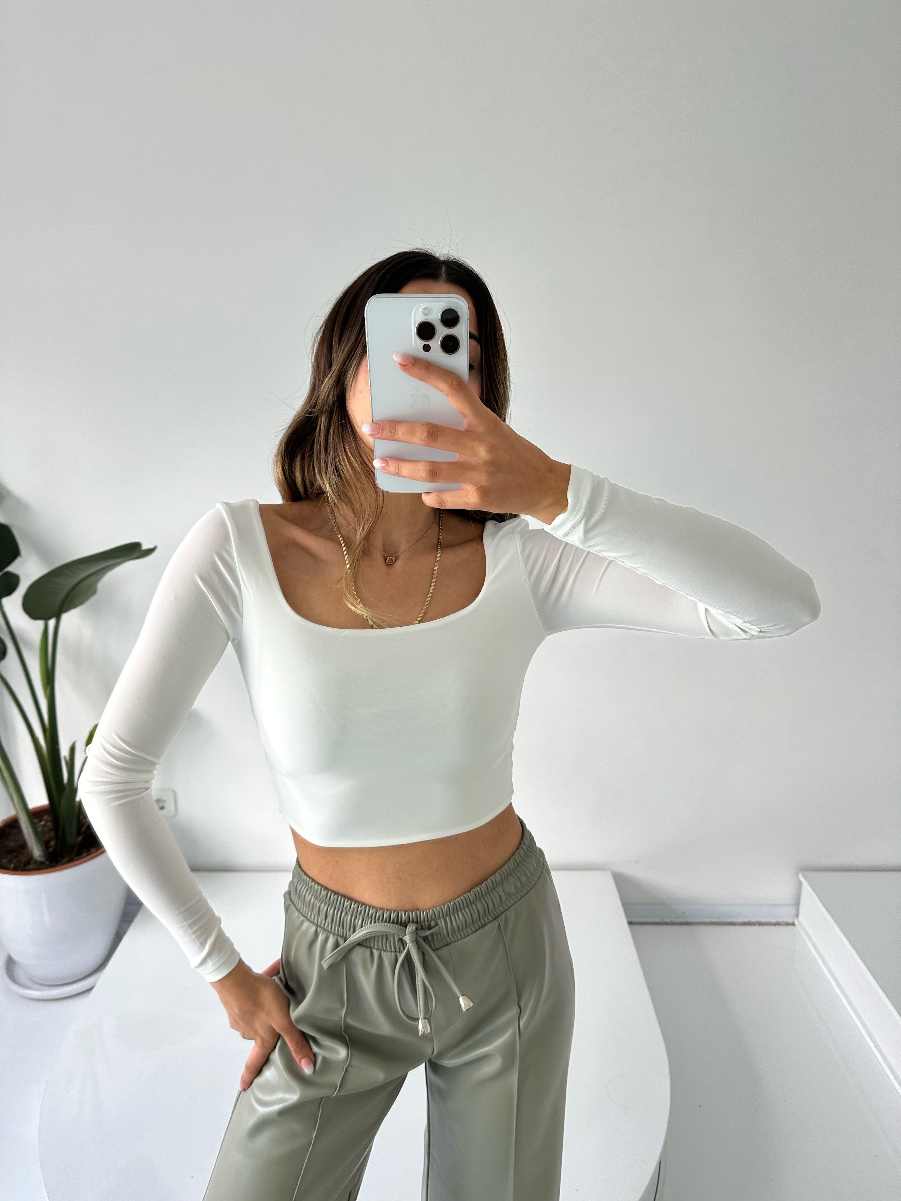 Beyaz Kare Yaka Crop