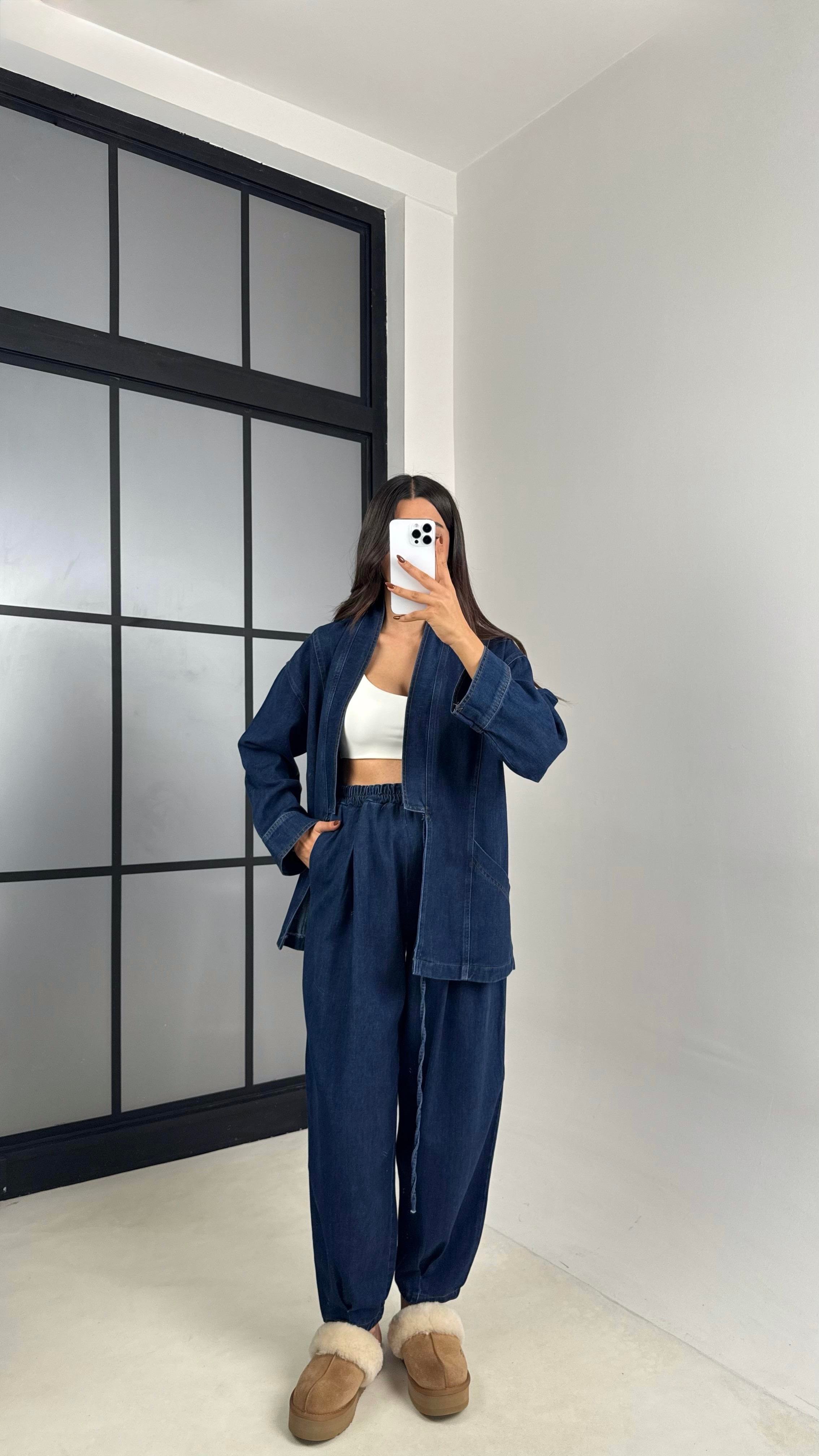 Lacivert Yandan Bağlama Detaylı Cepli Ceket Pantolon İkili Denim Takım GAUS-00446GAUSSuitsGAUS-00446