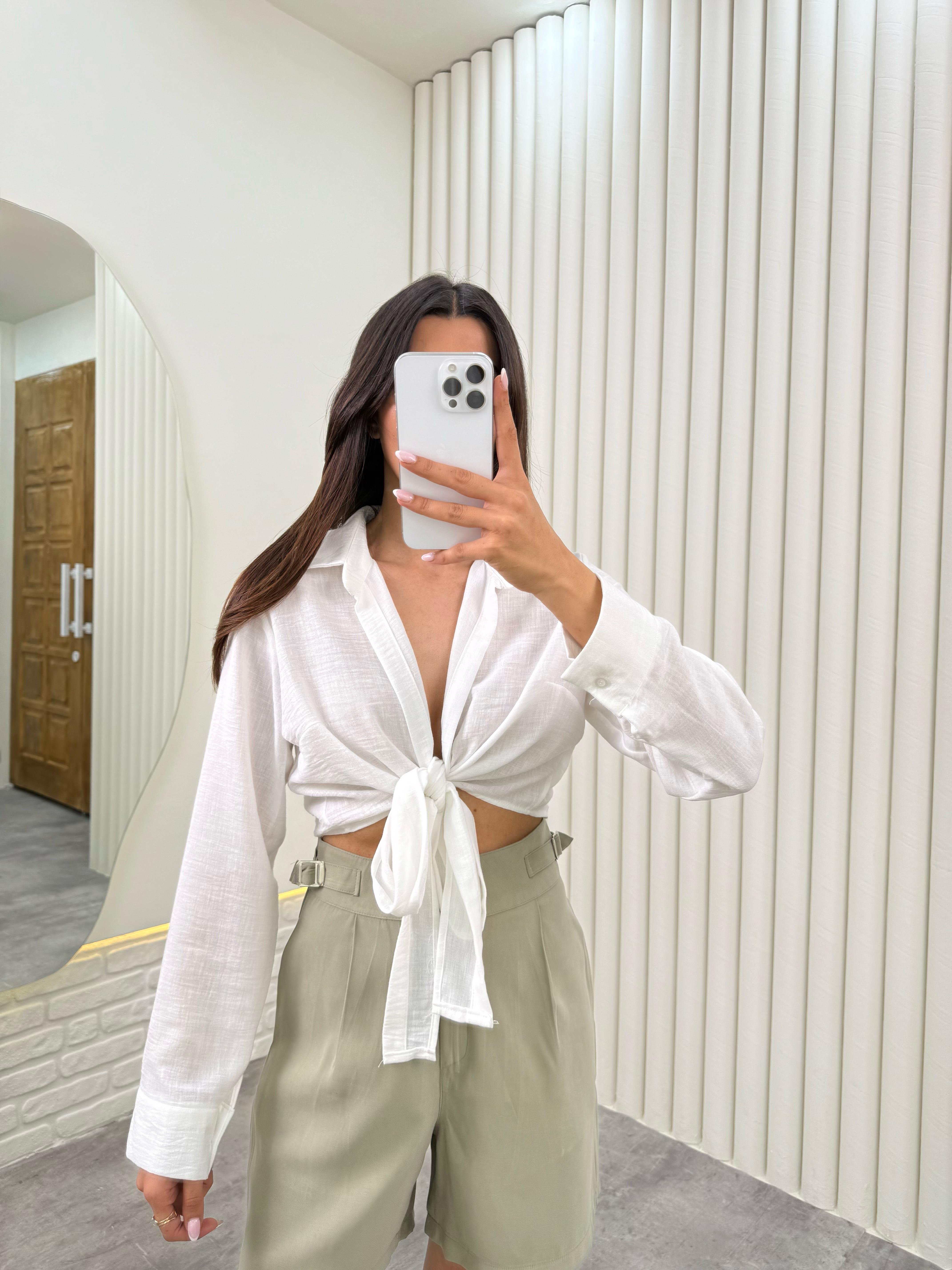 Beyaz  Önü Bağlamalı Premium Keten Gömlek Gaus00319GausGÖMLEKGU1001734