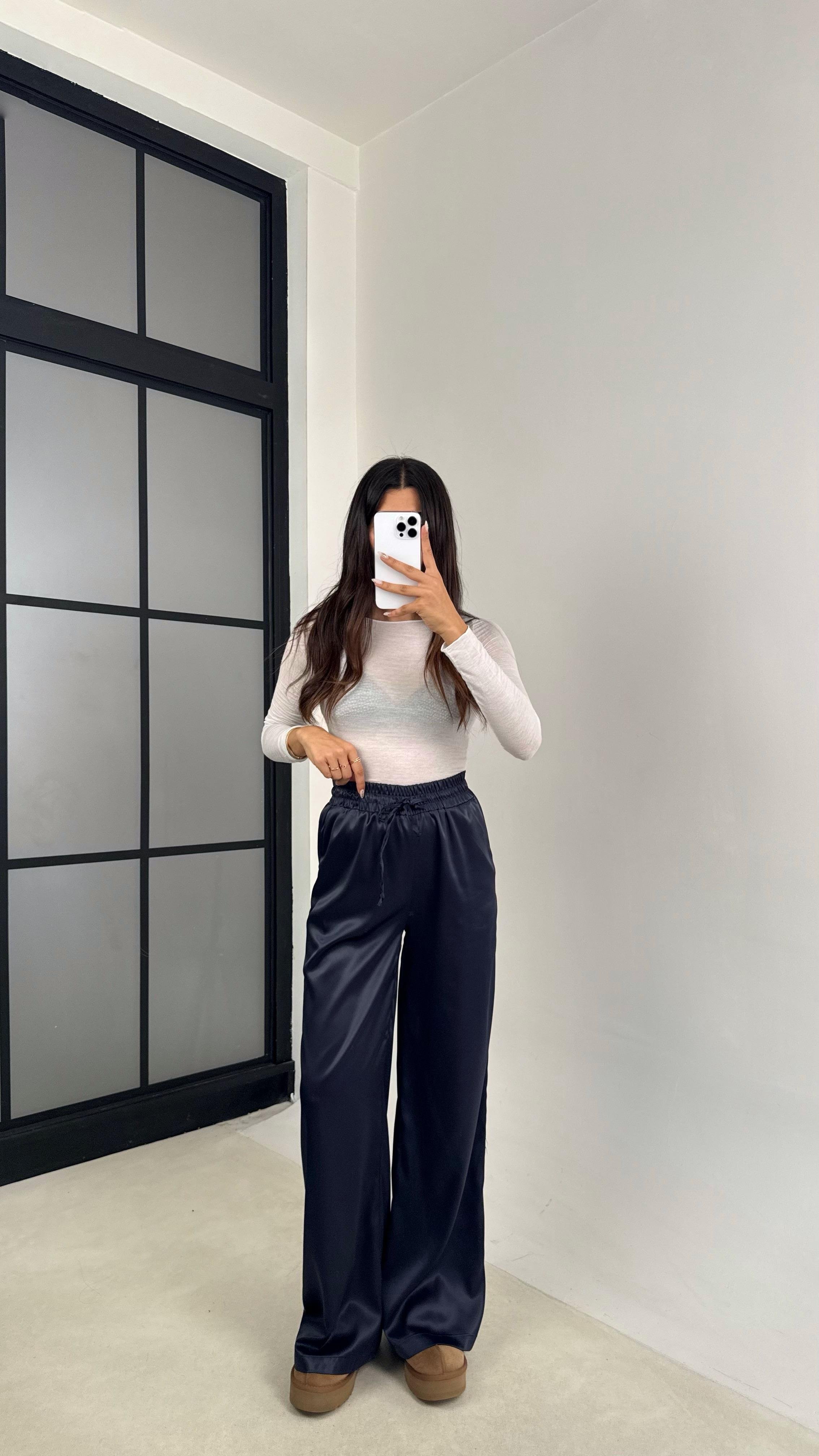 Lacivert Beli Lastikli Cepli Saten Pantolon GAUS-0090GAUSPANTOLONGAUS-0090