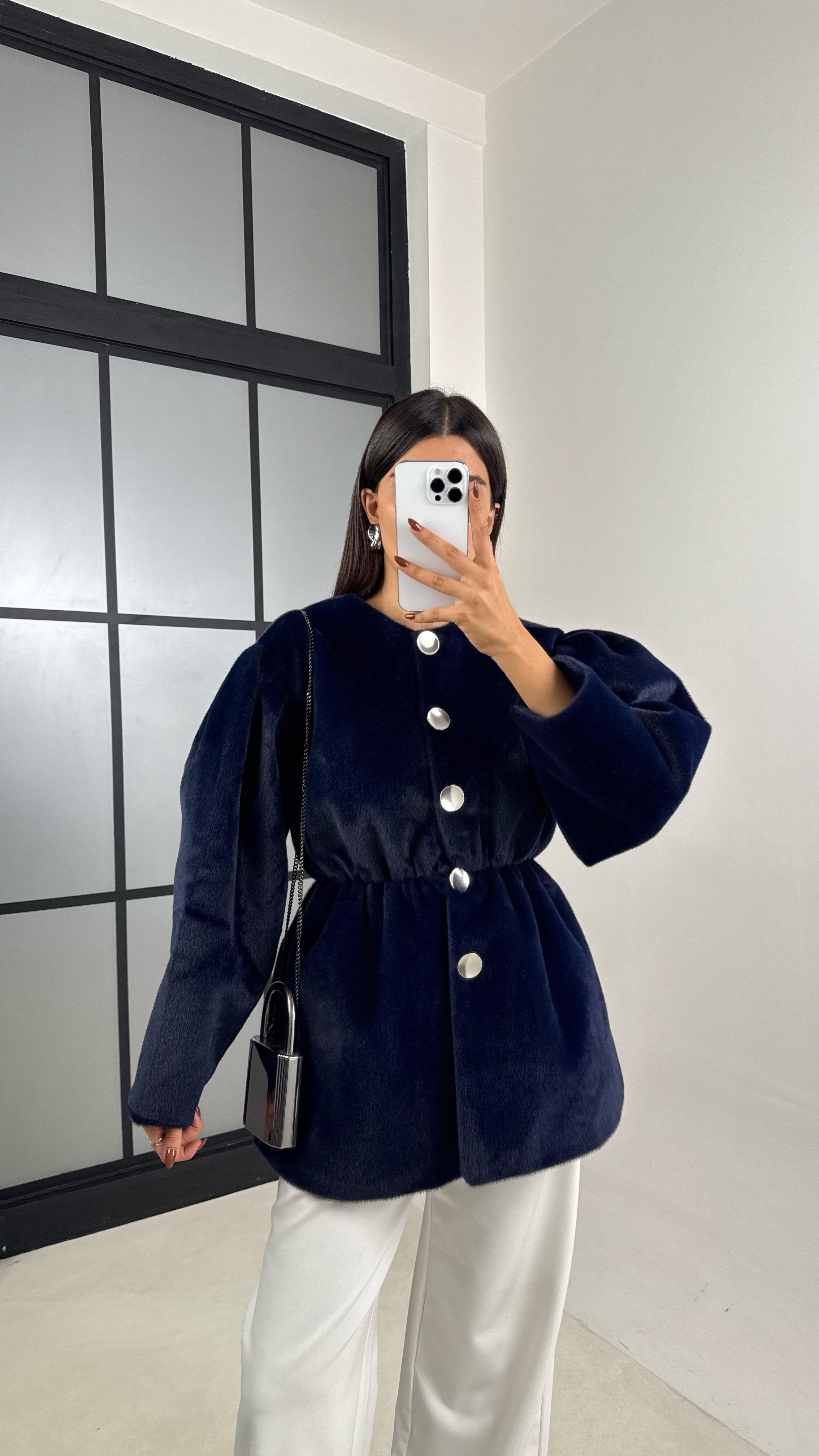 Lacivert Beli Lastikli Düğmeli Peluş Ceket GAUS-00182GAUS السترات  GAUS-00182