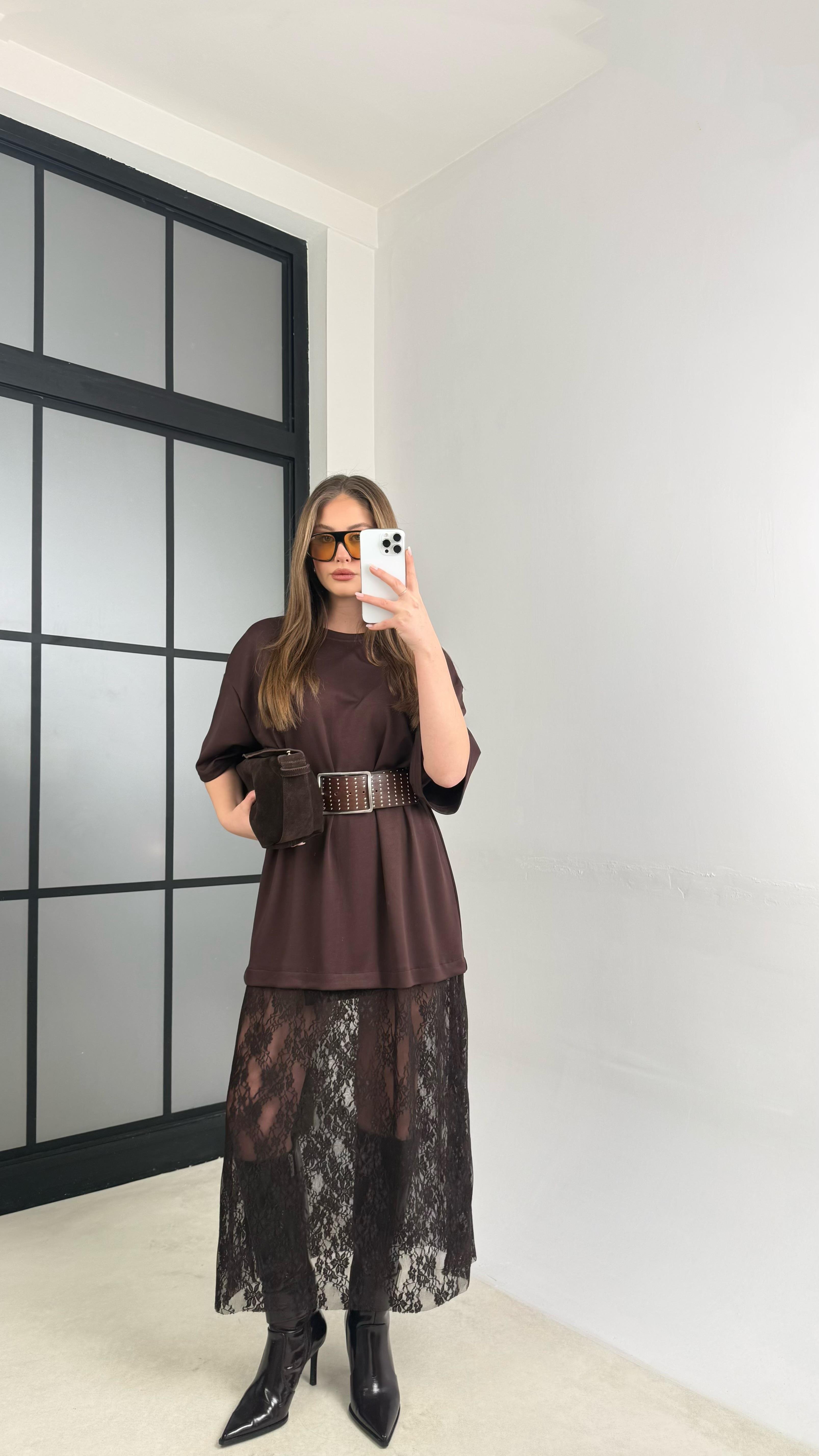 Acı Kahve Dantel Detaylı Modal Kumaş Elbise GAUS-01105GAUSDressesGAUS-01105