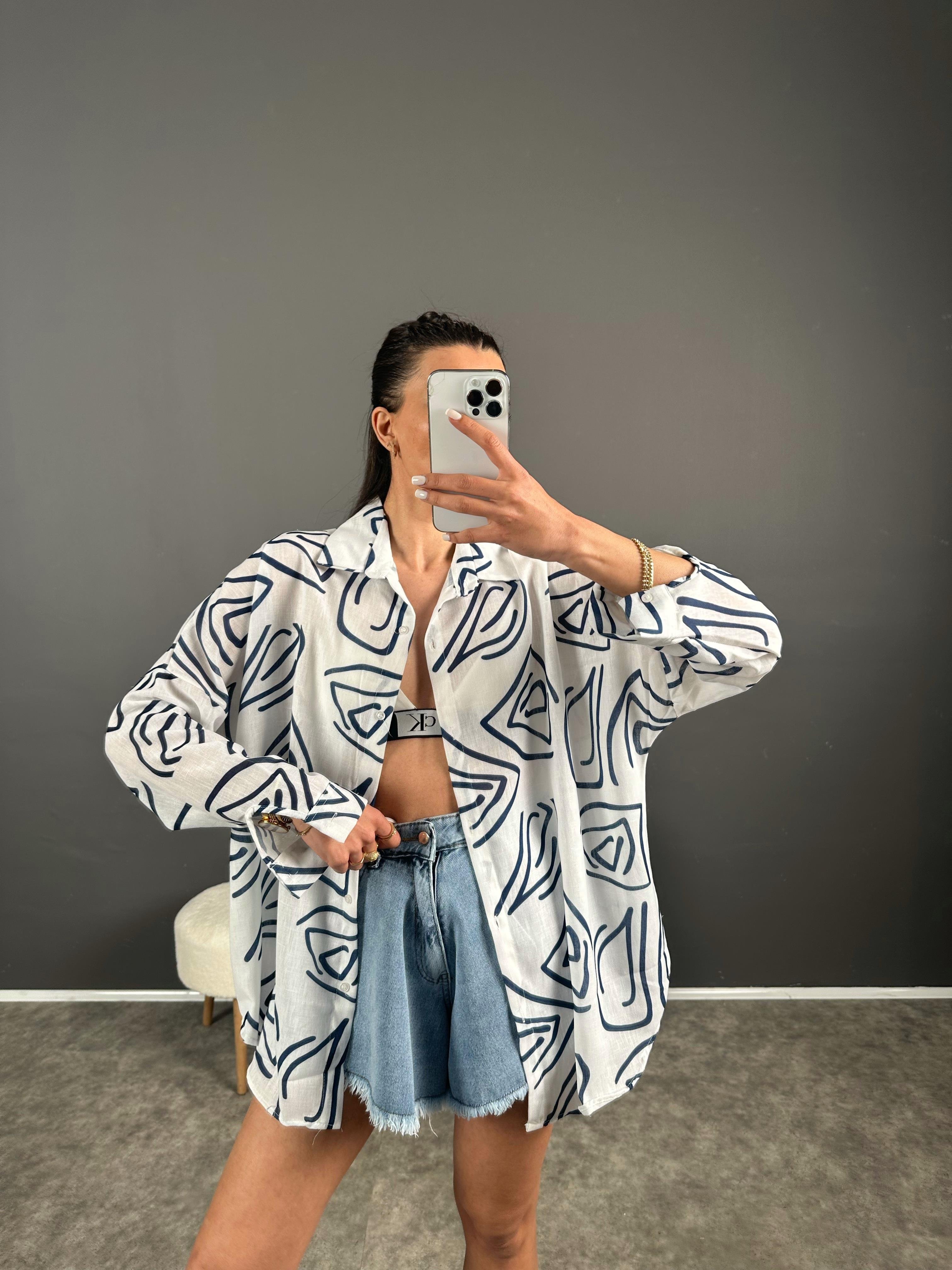 ND Beyaz Lacivert Desenli Keten Oversize Gömlek 