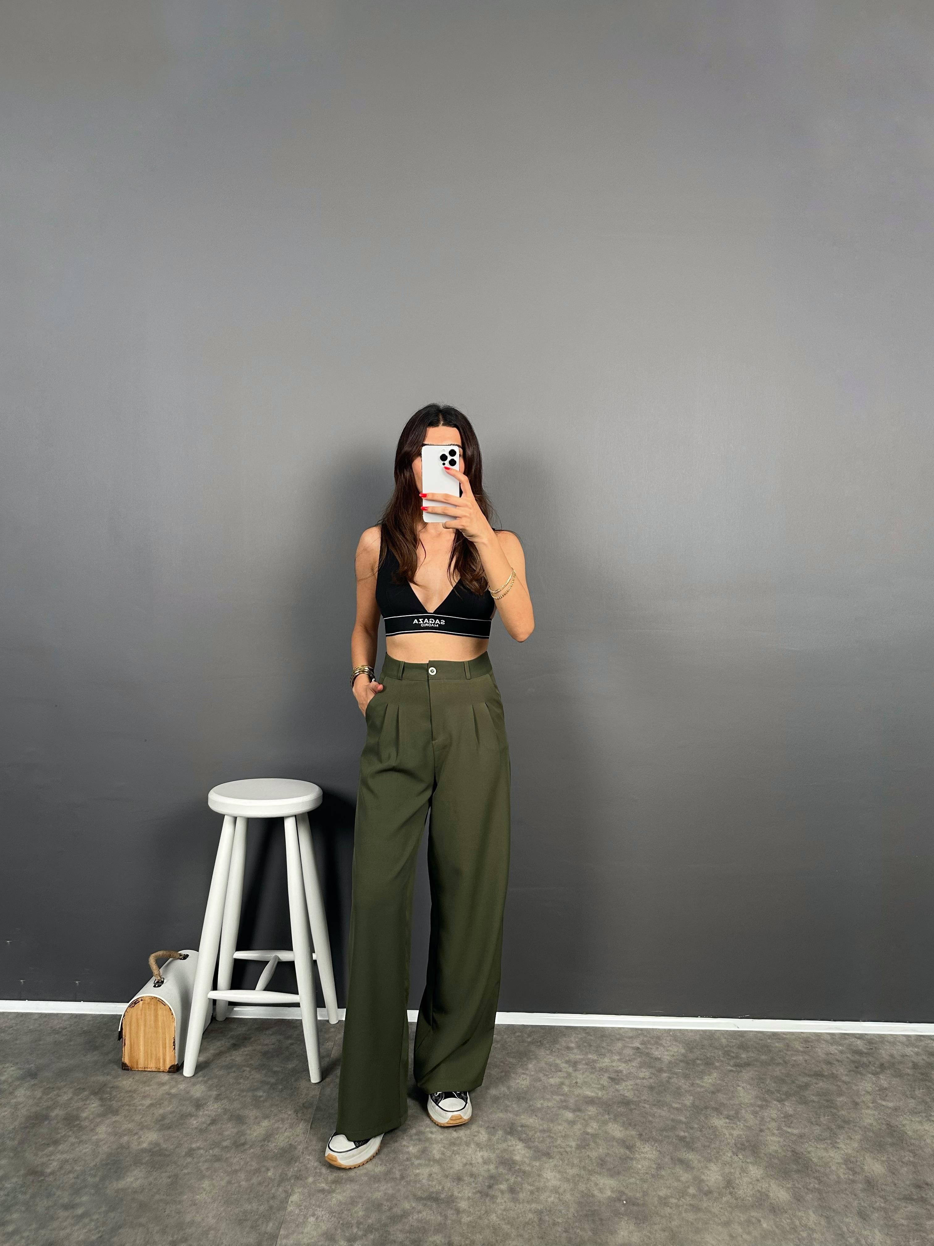 Fado Haki Kumaş Palazzo Pantolon