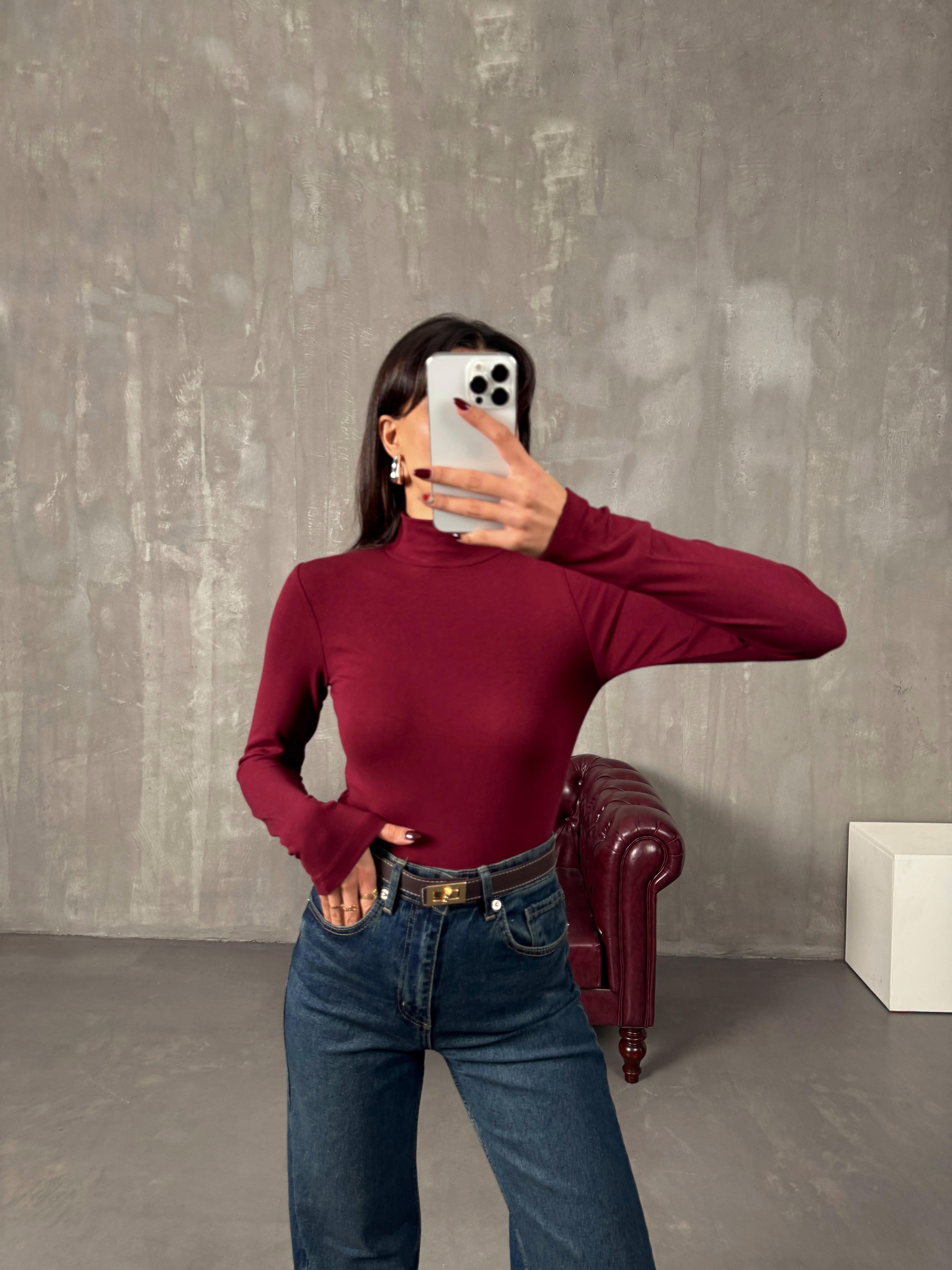 Javed Bordo Yarım Balıkçı Yaka Oys Bluz