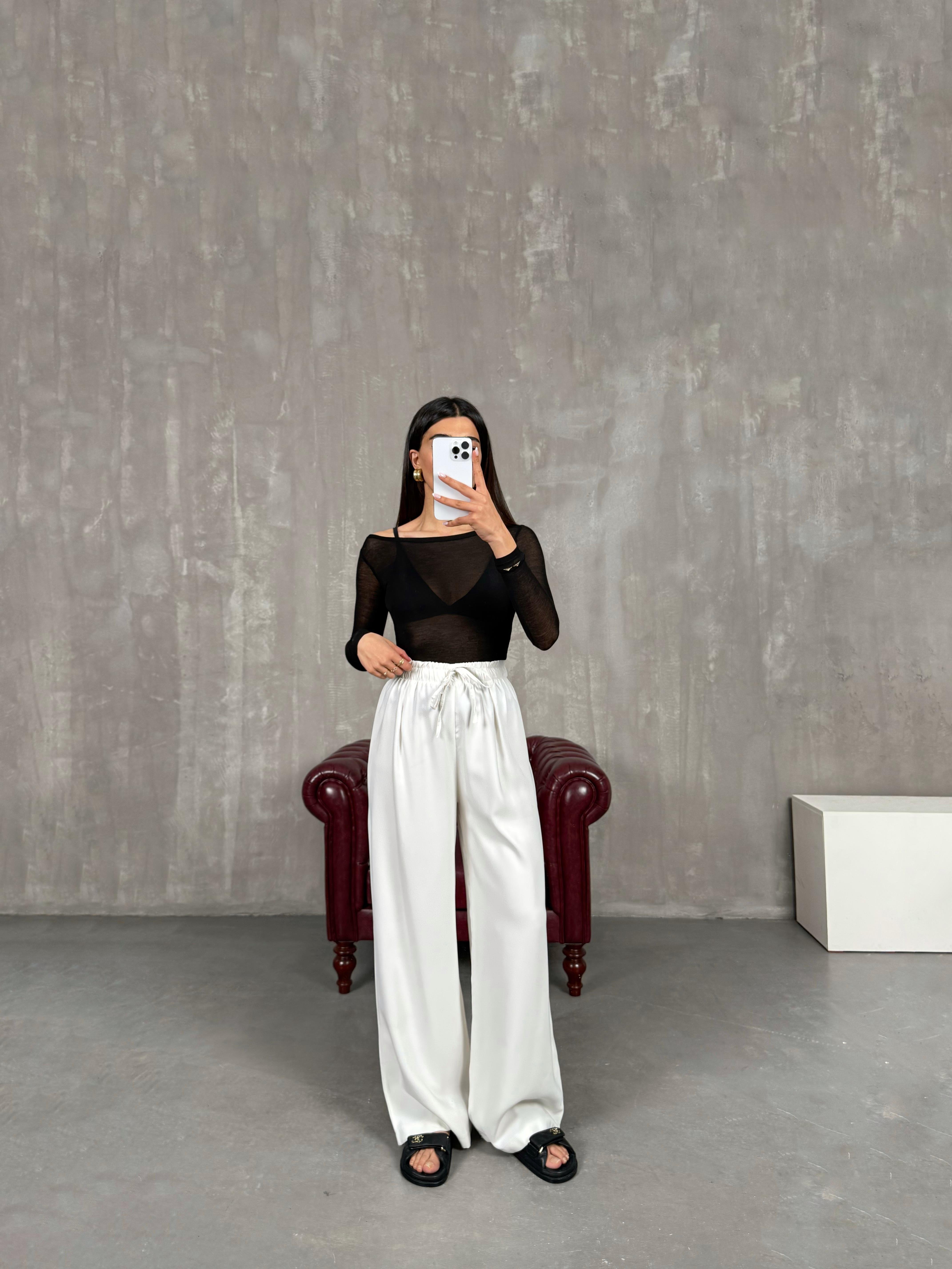 Beyaz Yüksek Bel İthal Kumaş Pantolon Gaus00271GausPANTOLONGU1001625