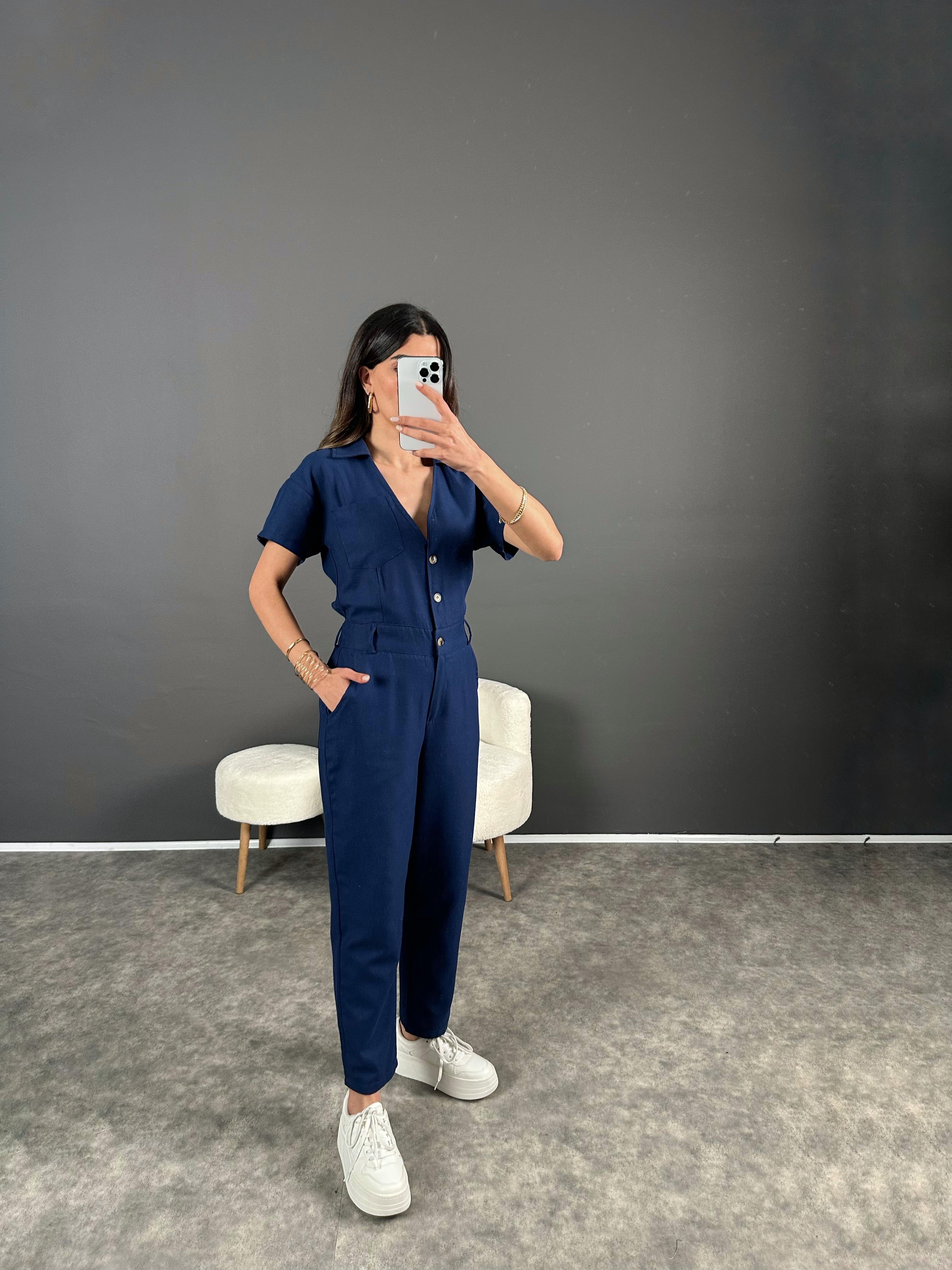 Holi Lacivert Arkası Lastikli Premium Keten TulumGausTULUMGU004563