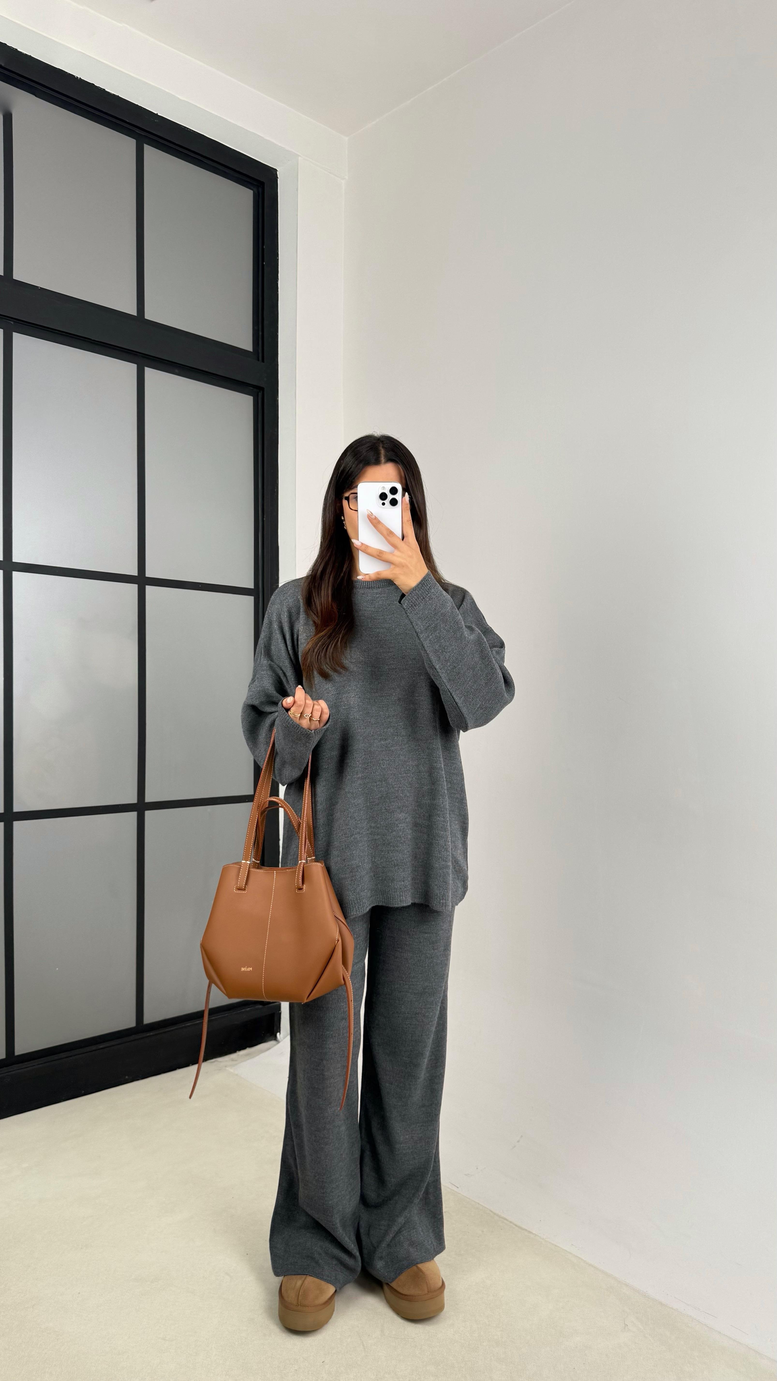 Antrasit Uzun Kol Kazak Beli Lastikli Pantalon İkili Triko Takım GAUS-00103GAUSTAKIMGAUS-00103