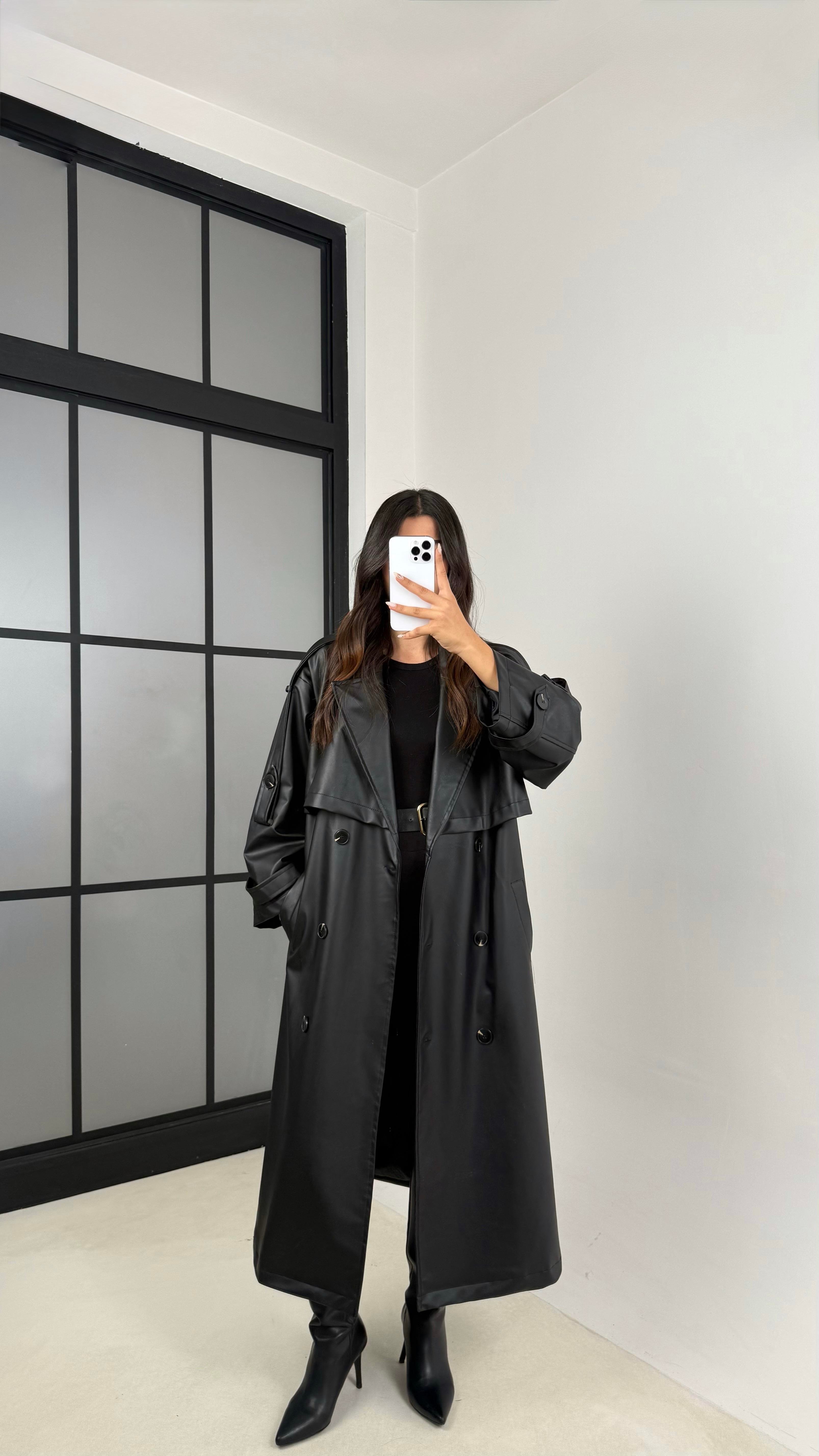 Siyah Kuşaklı Astarlı Premium Deri Trençkot GAUS-00127GAUSTRENÇKOTGAUS-00127