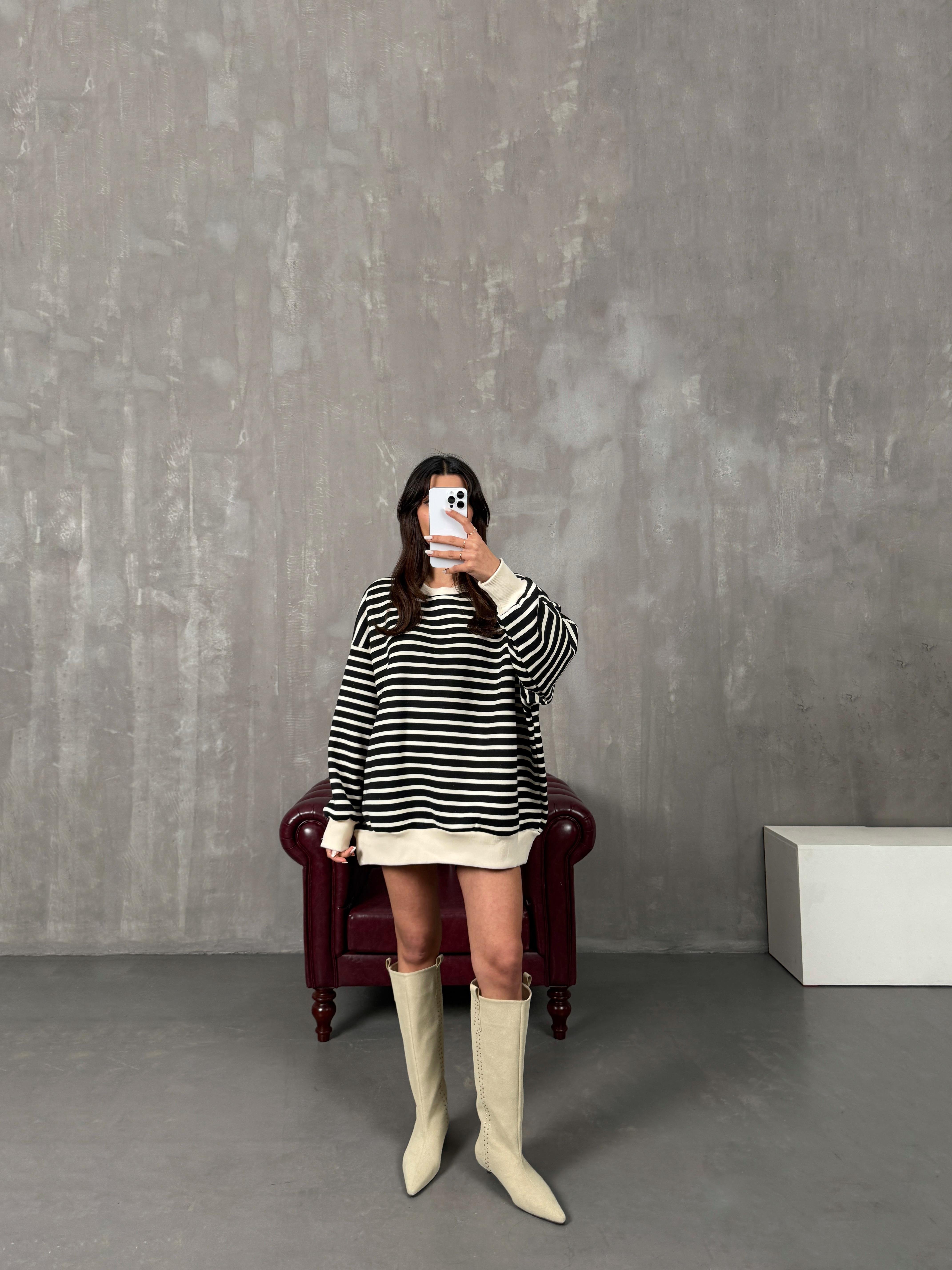 Felisya Beyaz Çizgili Üç İplik Şardonlu Sweat