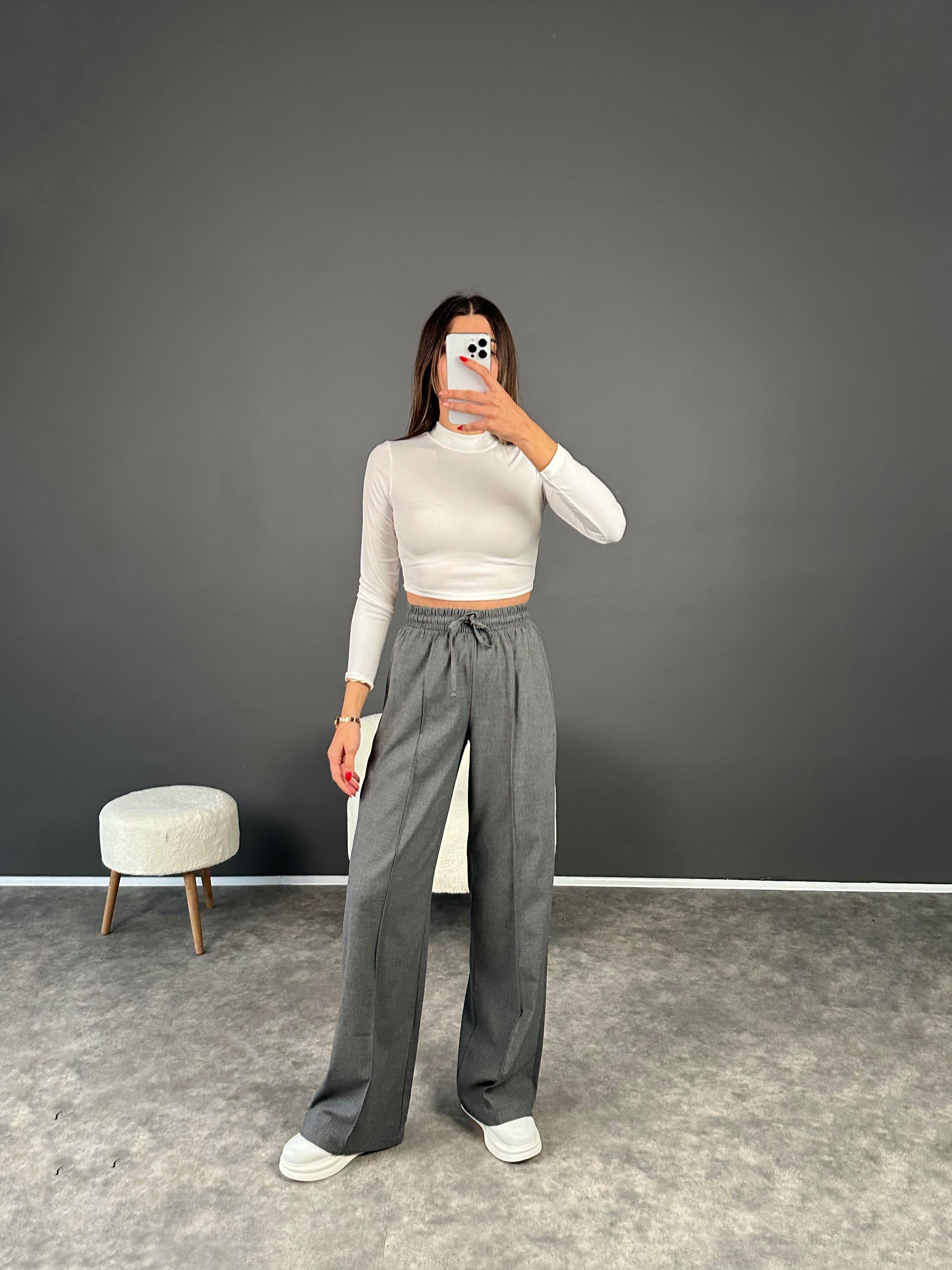 Minaj Gri Beli Lastikli Çımalı PantolonGausPANTOLONGU002438