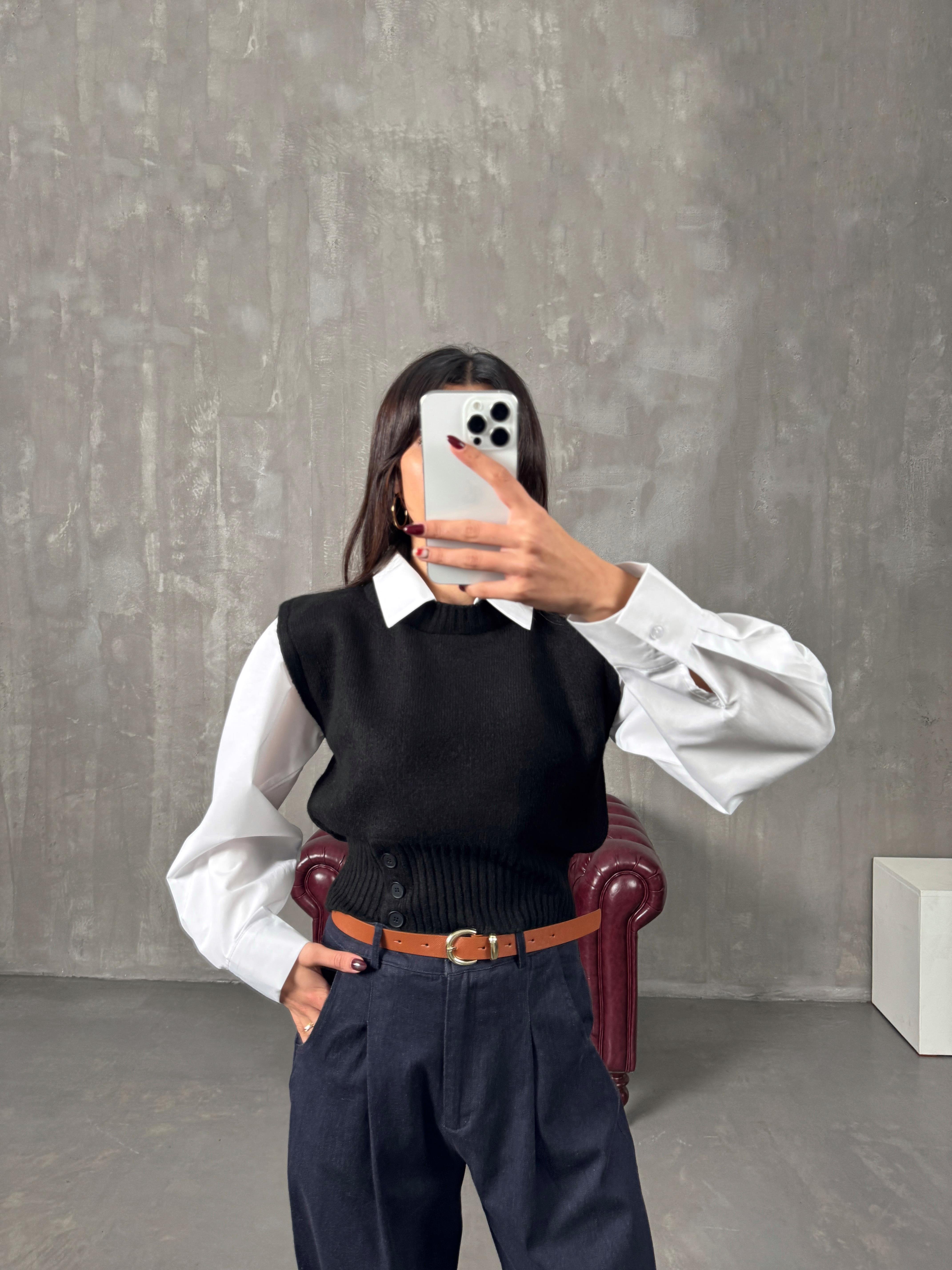 Bels Siyah Gömlek Detaylı Triko Süveter