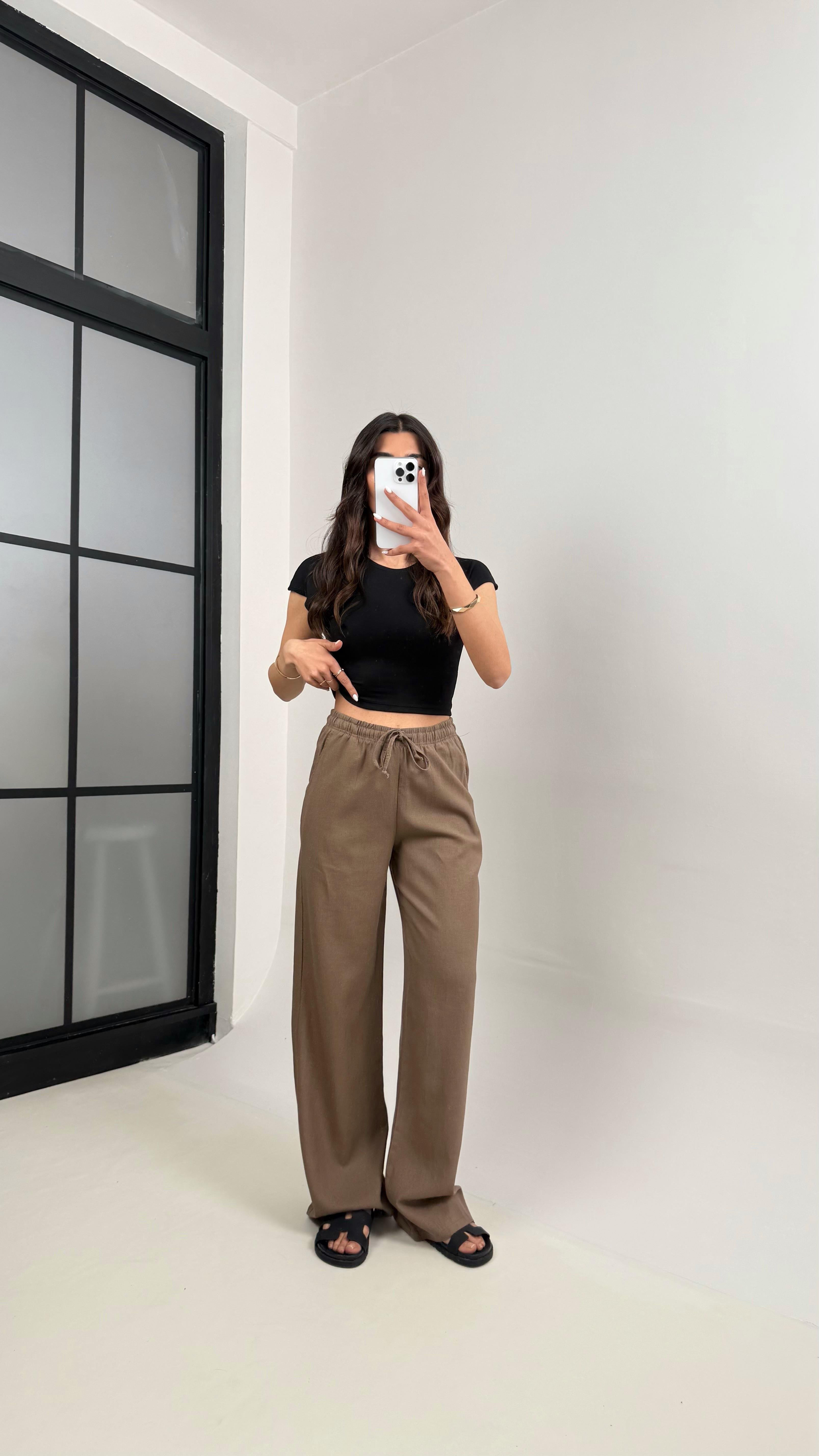 Kahve Beli Lastikli Muadil Keten Pantolon Gaus00346GausPANTOLONGU1001807