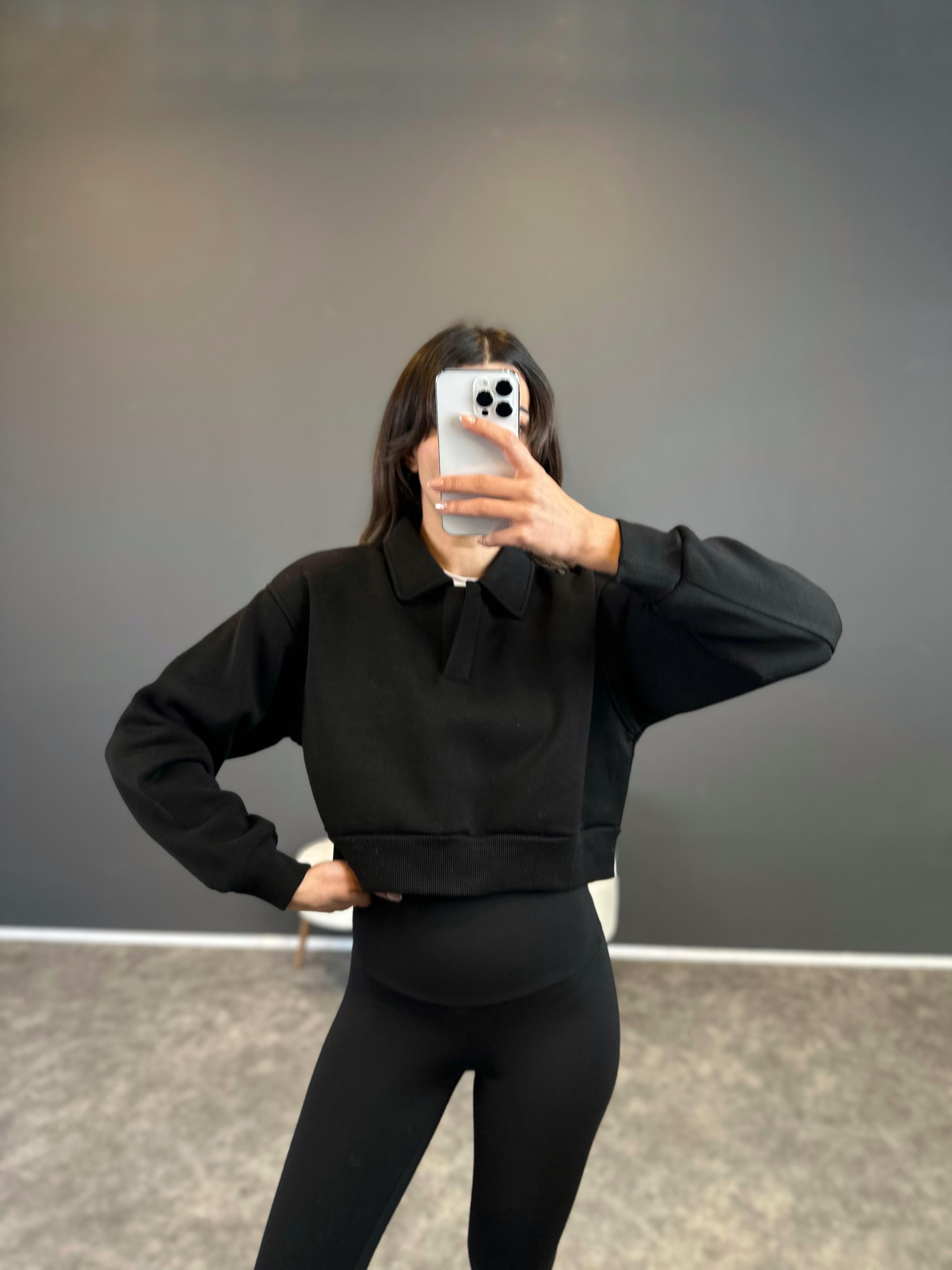 Siyah Polo Yaka Şardonlu Sweatshirt GausSWEATSHIRTGU002680