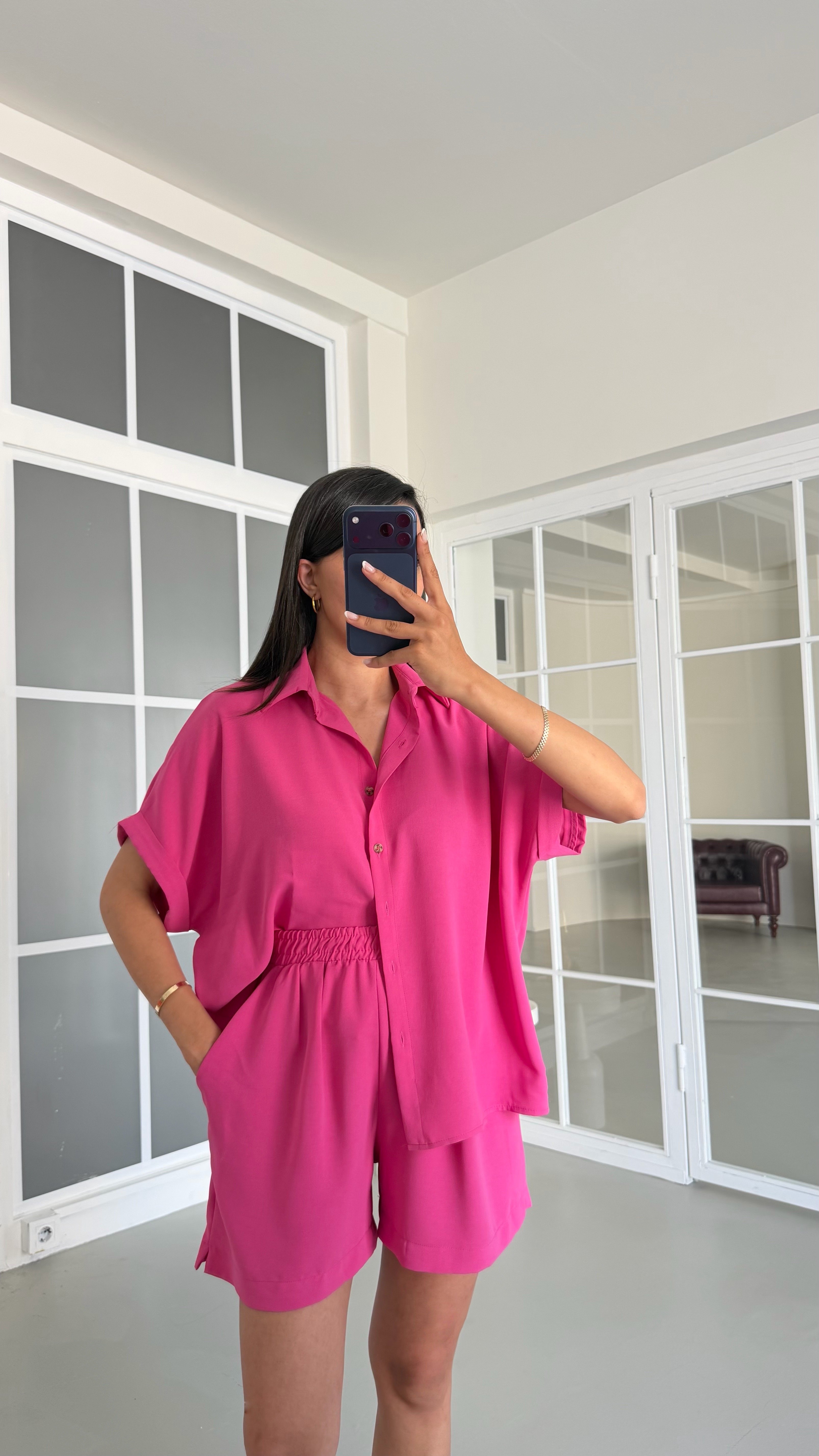 Fuşya Gömlek Beli Lastikli Şort Basic Takım GAUS-01721GAUSTAKIMGAUS-01721