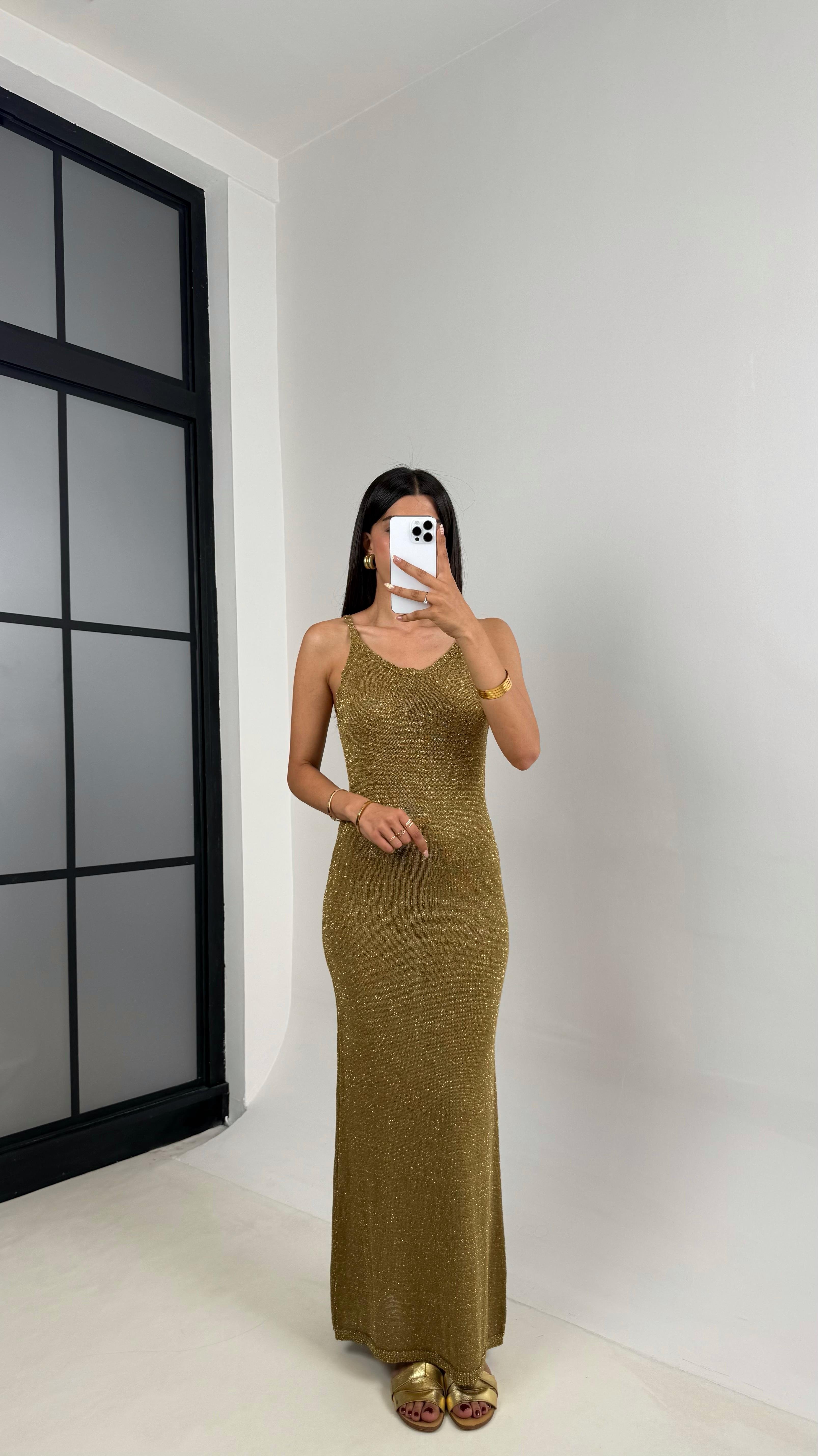 Gold Simli Askılı Triko Elbise Gaus00663GausELBİSEGU1002532