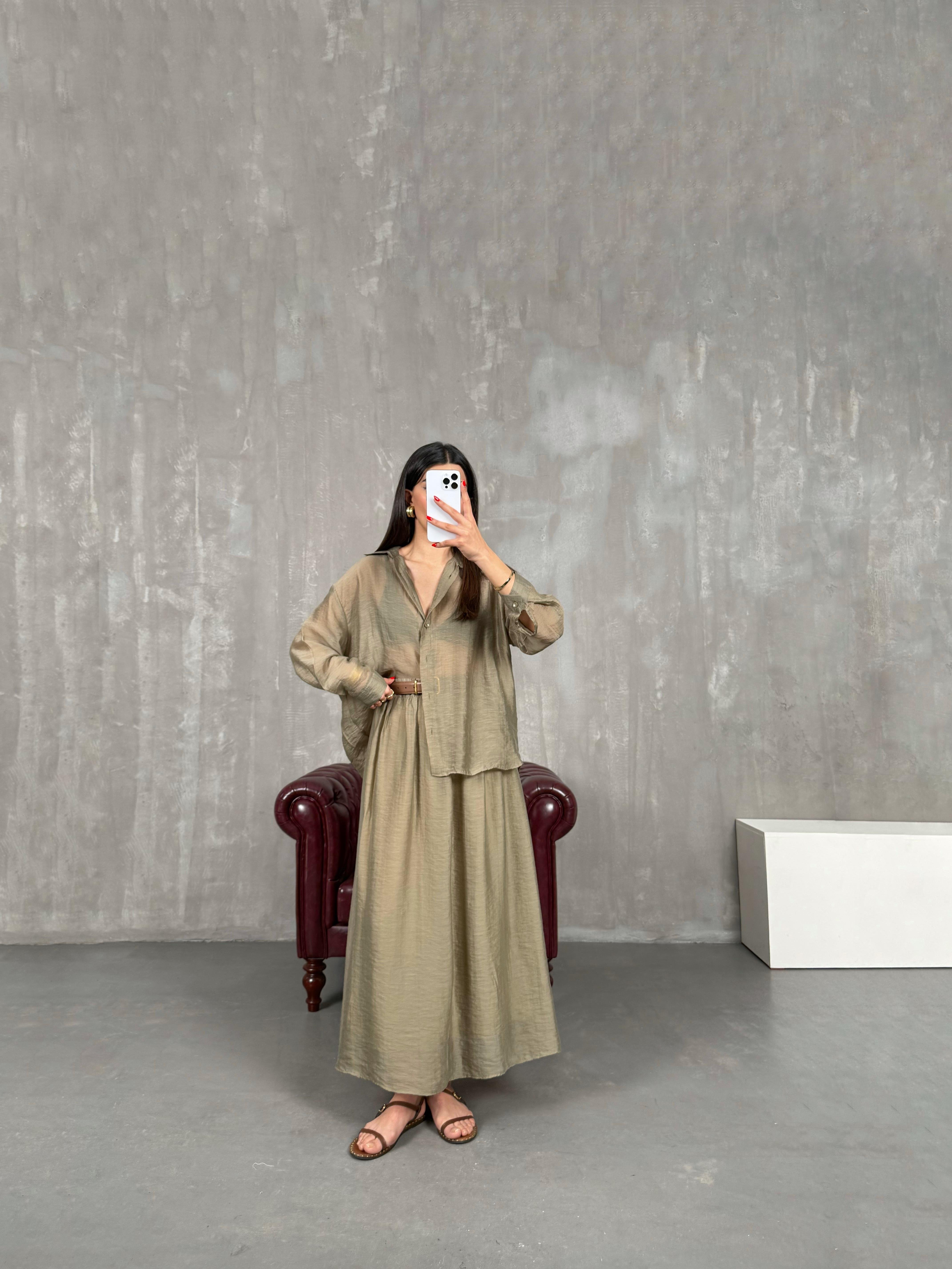 Haki Gömlek Astarlı Beli Lastikli Etek Kırışık Tensel Takım Gaus00158GausTAKIMGU1001366