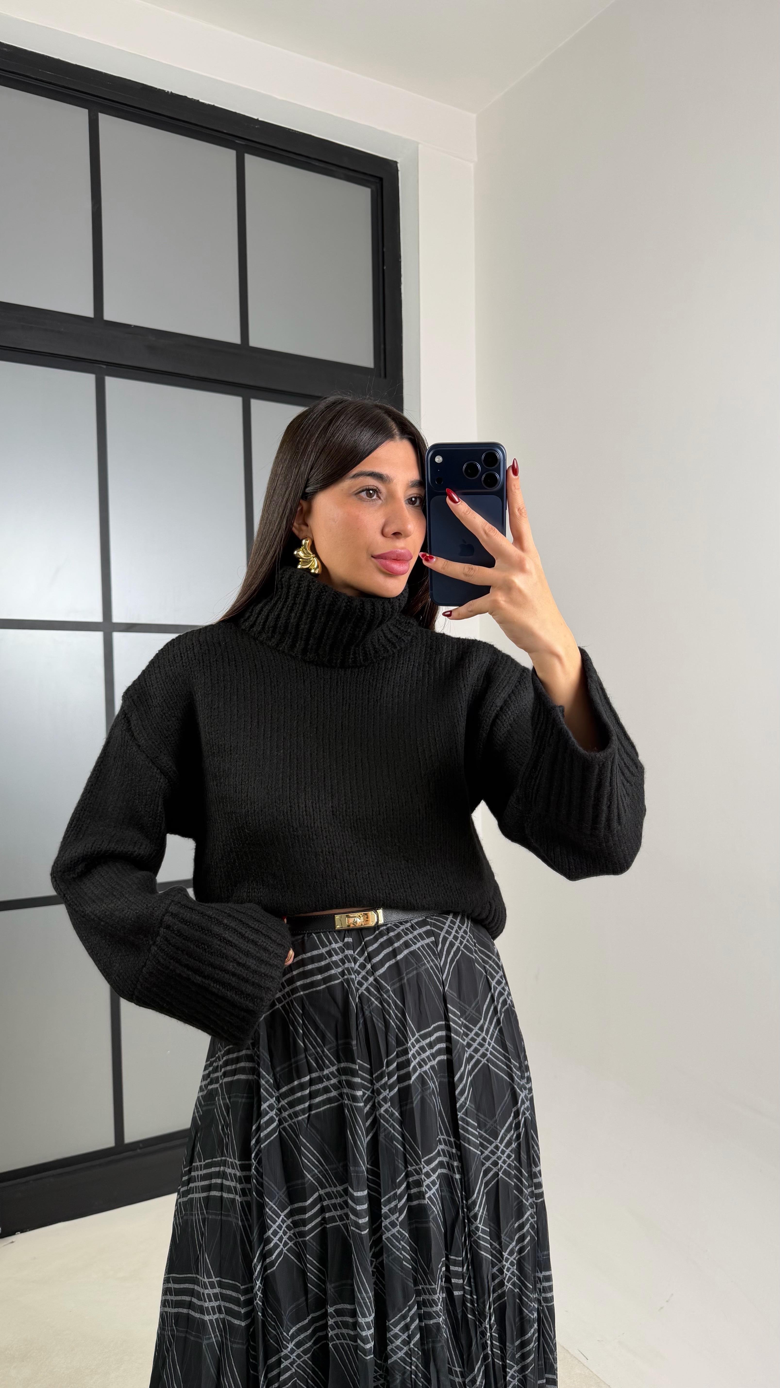 Siyah Balıkçı Yaka Örgü Kazak GAUS-00726GAUSKAZAKGAUS-00726