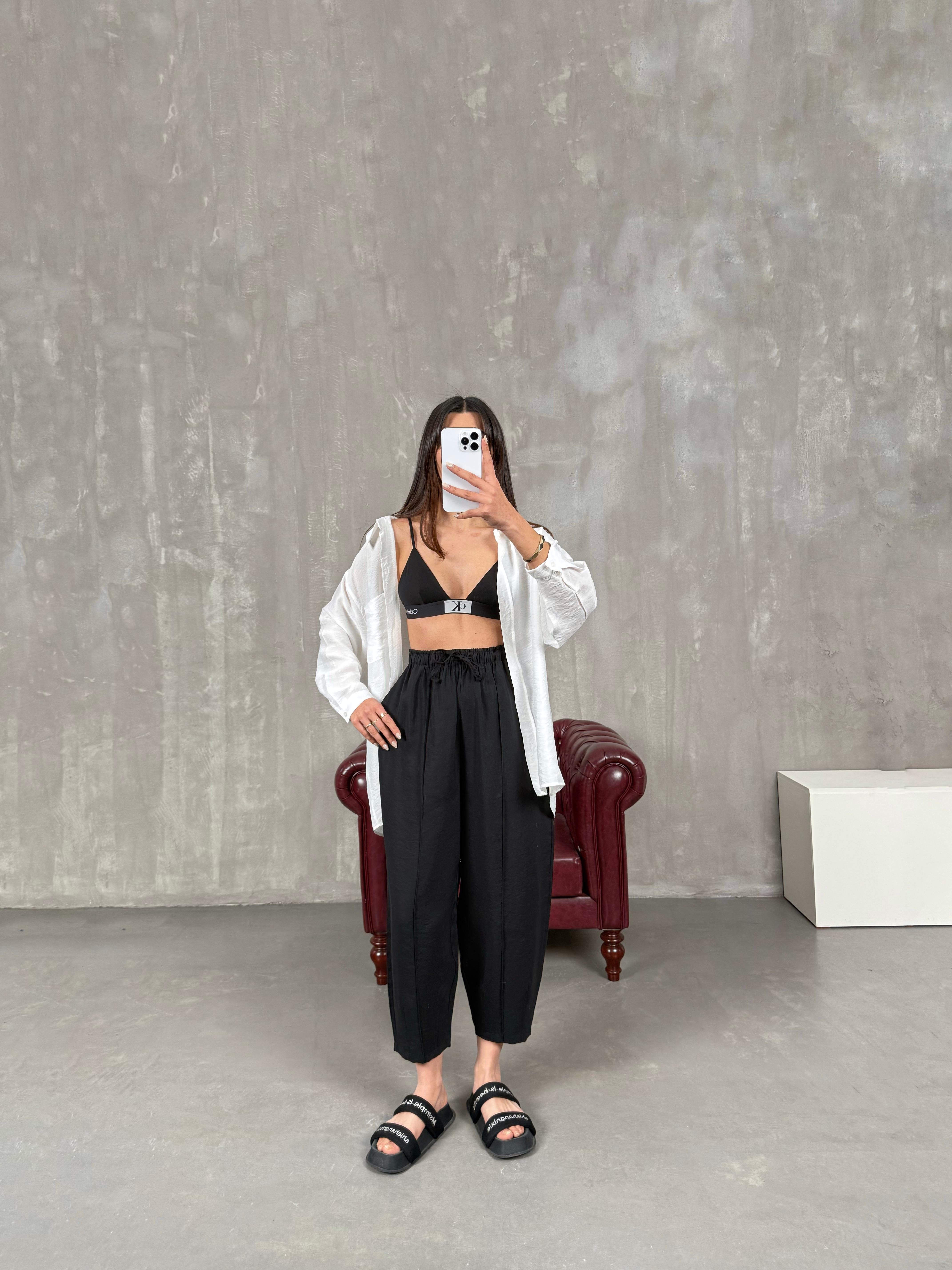 Orfi Siyah Çımalı Tensel Şalvar Pantolon