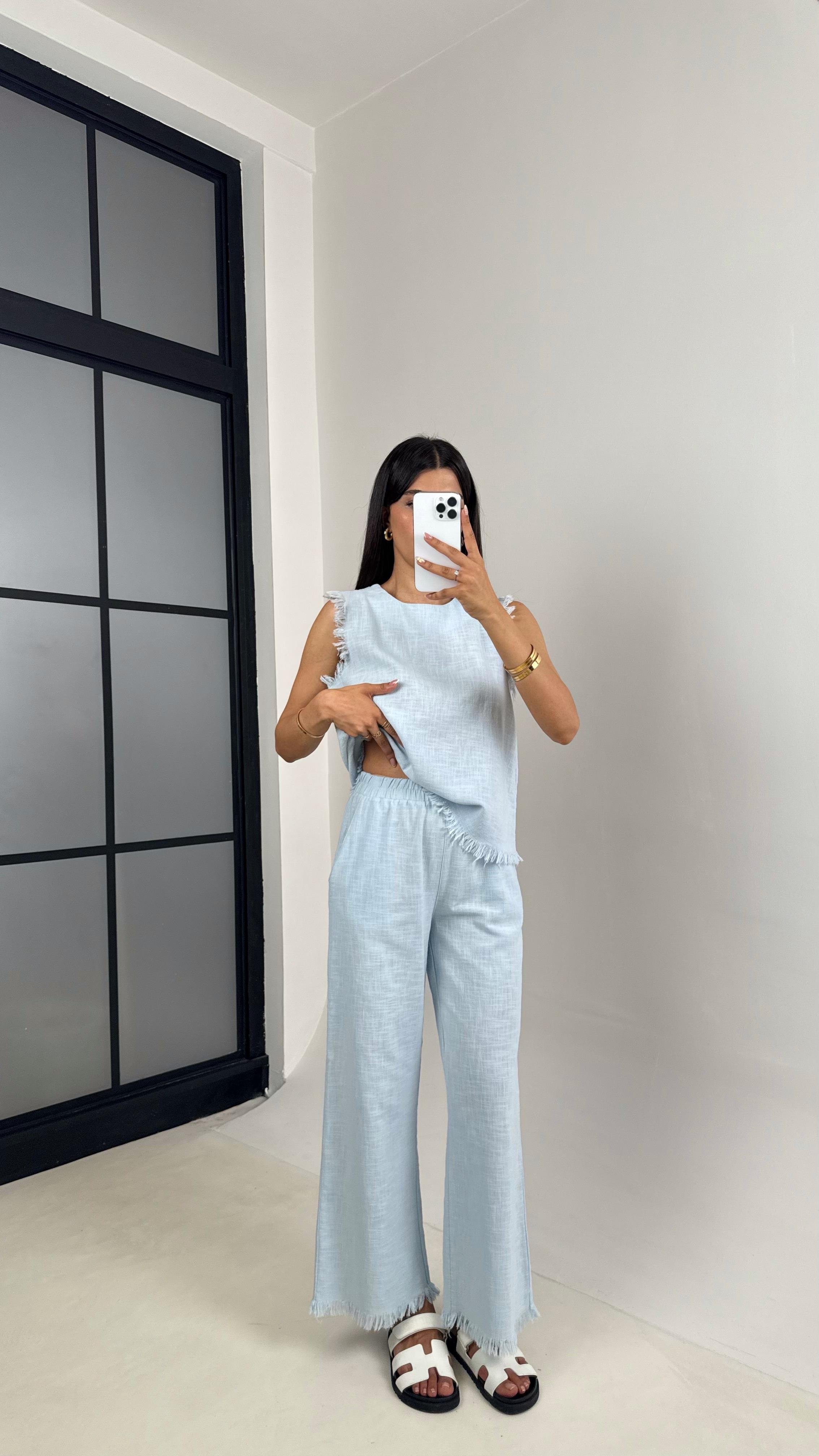 Açık Mavi Püskül Detaylı Bluz Beli Lastikli Cepli Pantolon Keten Takım Gaus00646 GausTAKIMGU1002500