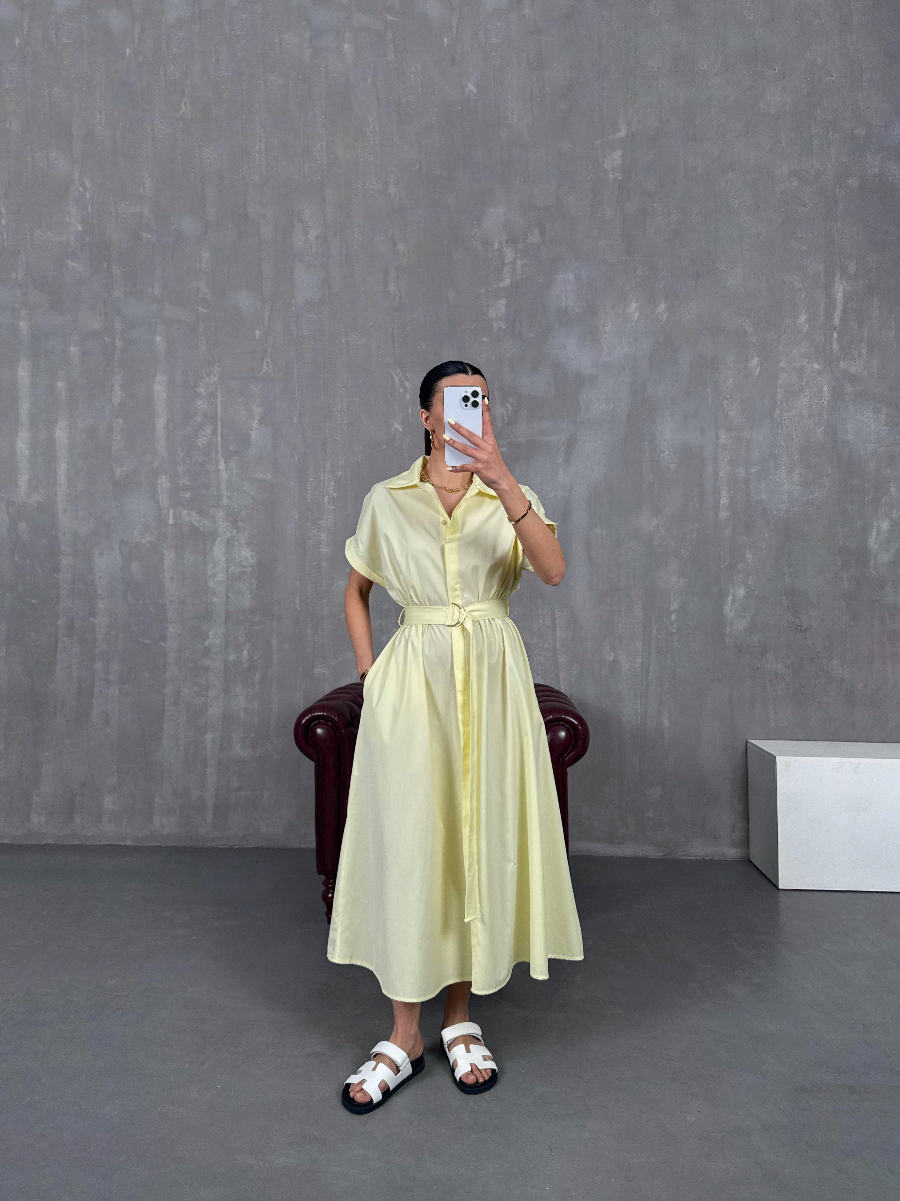 فستان أصفر قميص بوبلين بخصر مطاطي وزنّار Gaus00083