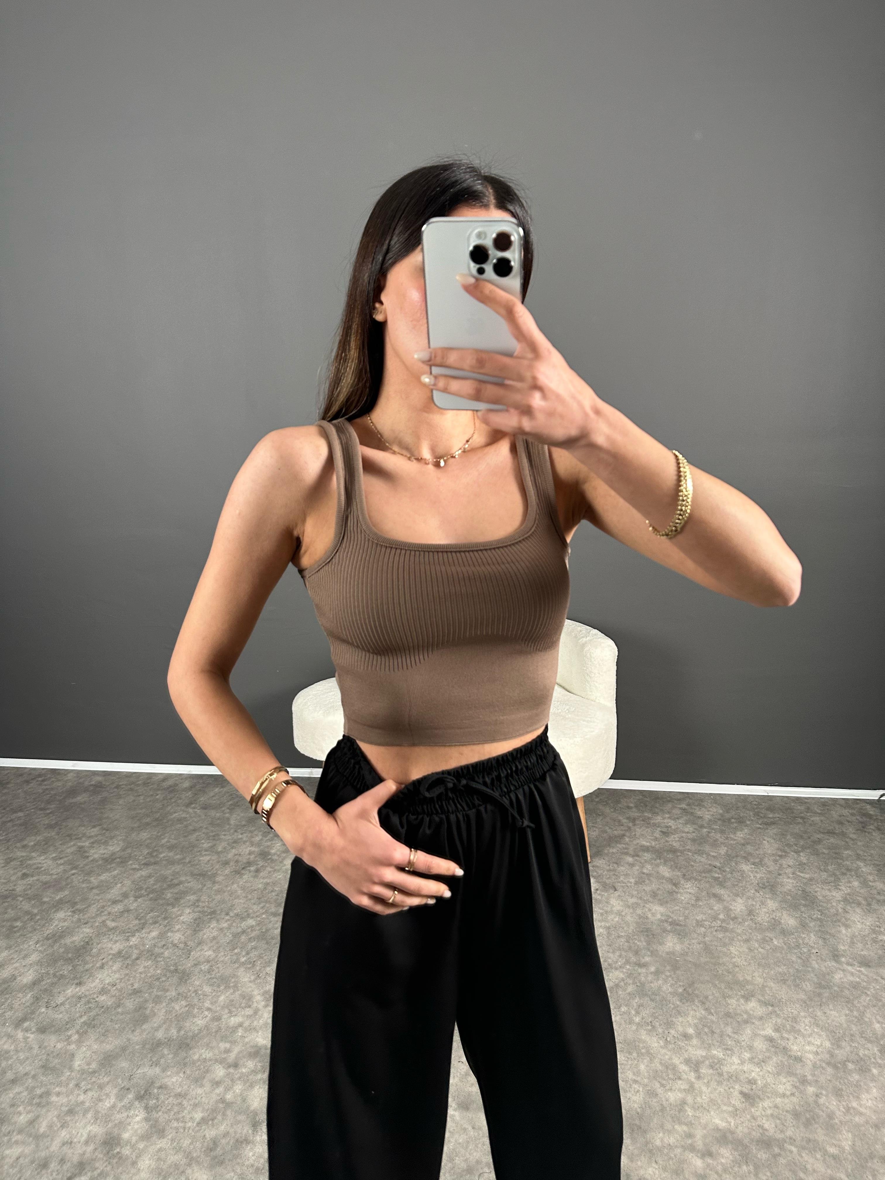 Kahve Triko Crop Atlet