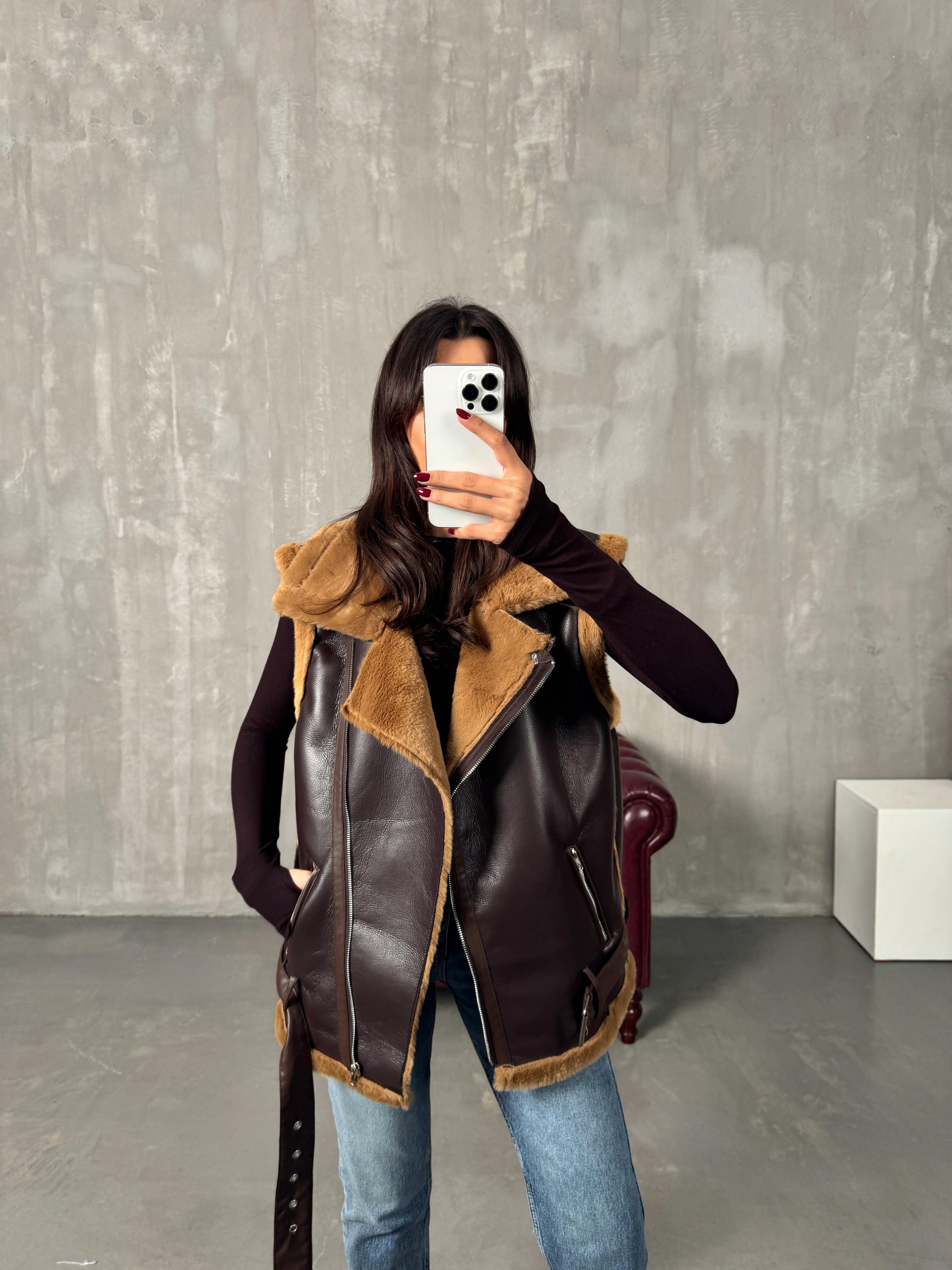 Sindo Kahve Peluş Deri Yelek Ceket