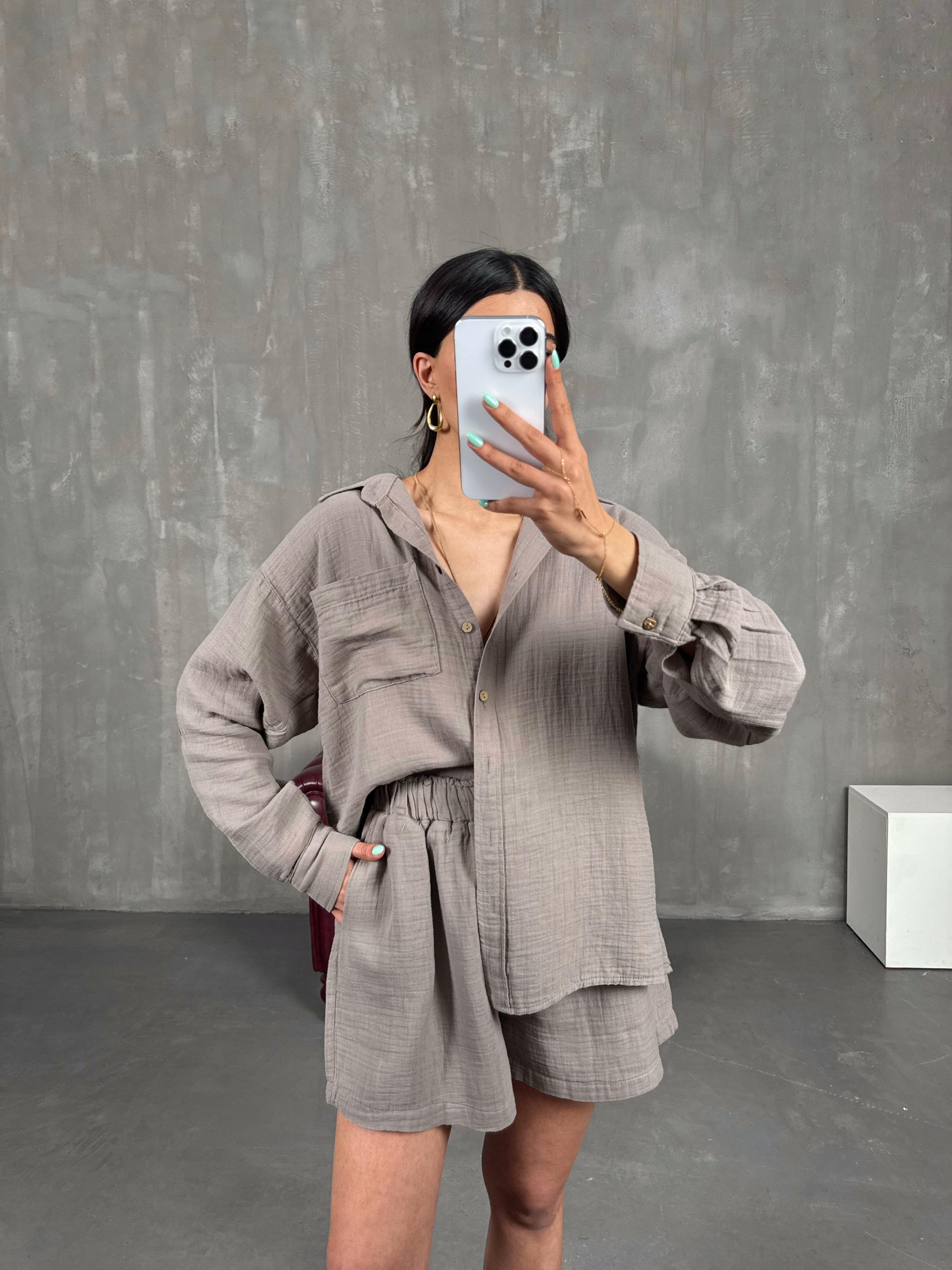 Vizon Cepli Gömlek Beli Lastikli Şort Takım Gaus00226GausTAKIMGU1001525