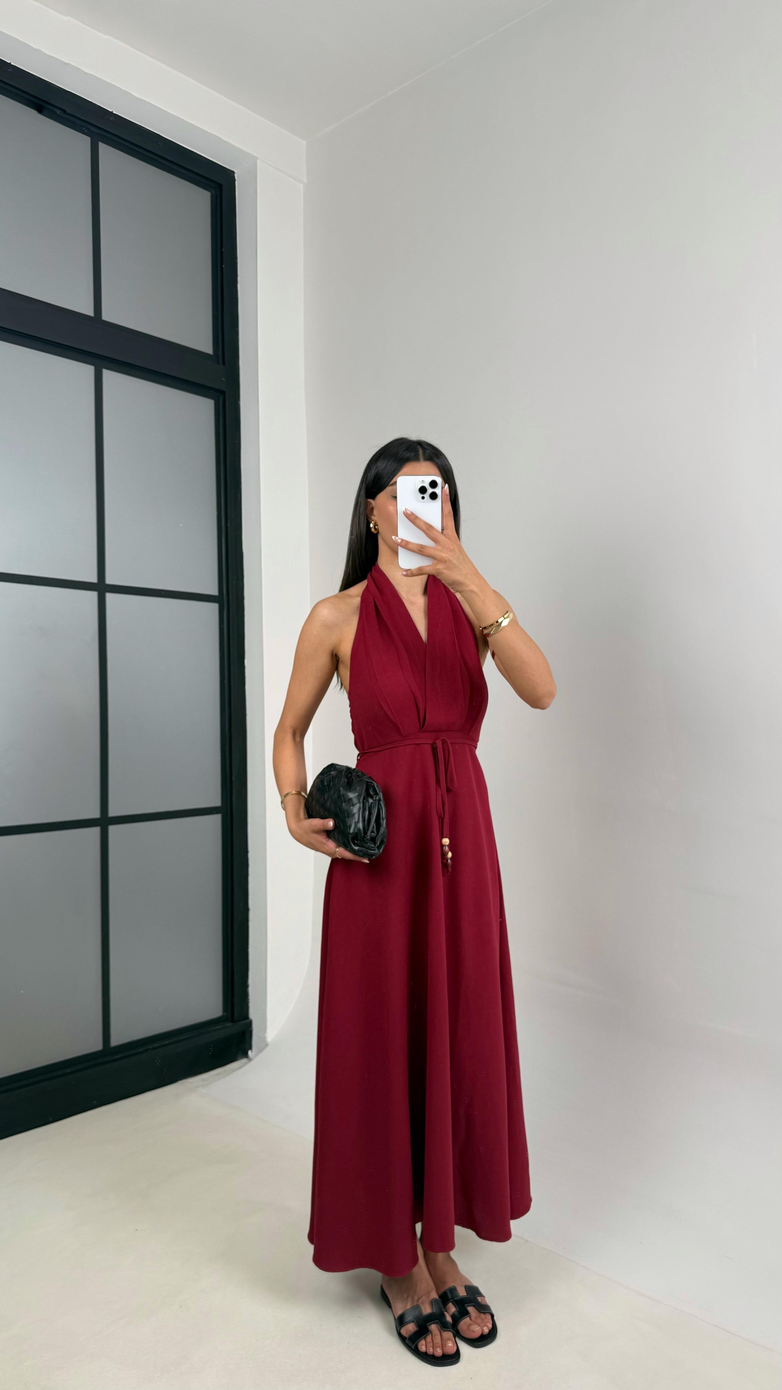 Bordo V Yaka Kuşaklı Boyundan Askılı Keten Elbise Gaus00541GausELBİSEGU1002260