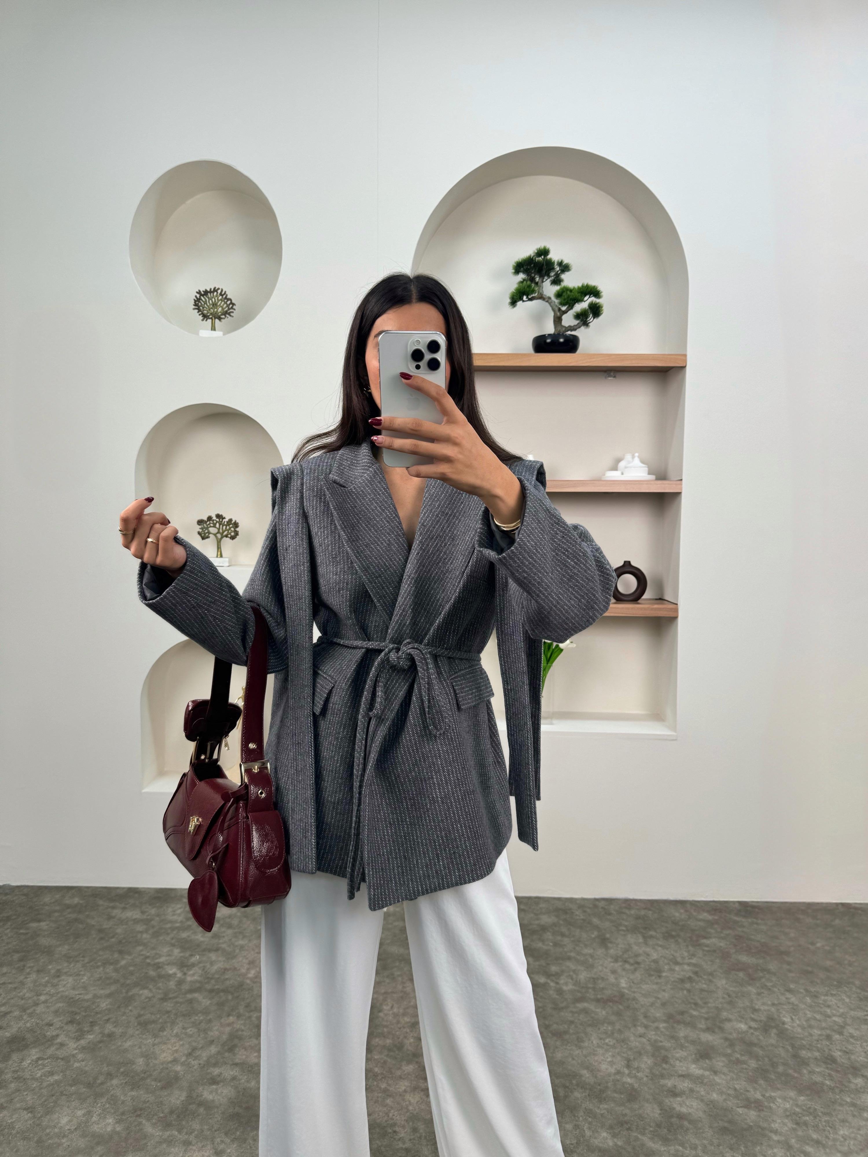 Zena Gri Çizgili Astarlı Bağlamalı Premium CeketGausCEKETGU00903554