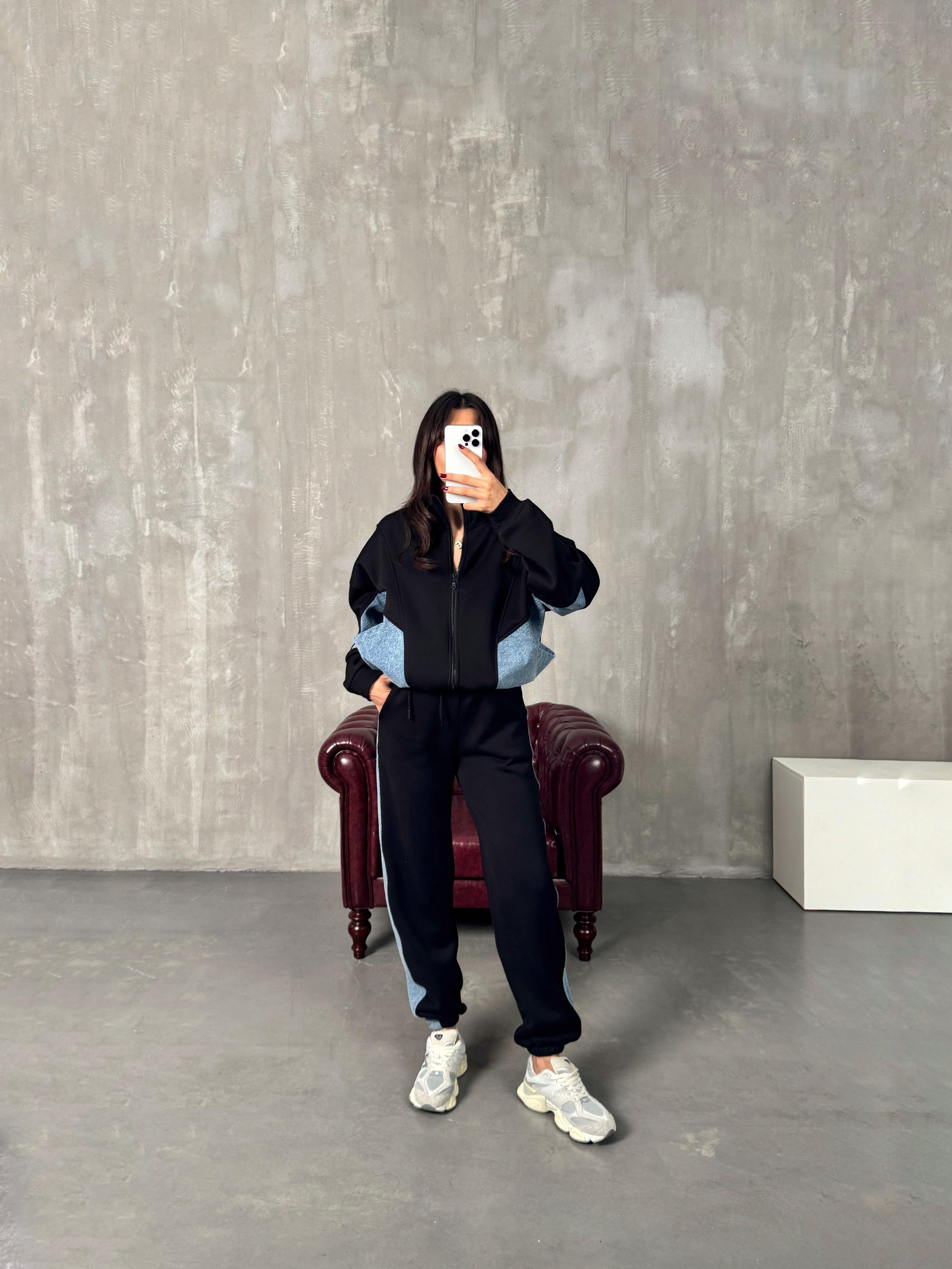 Lome Siyah Denim Karışımlı Şardonlu Oversize TakımGausTAKIMGU00903863