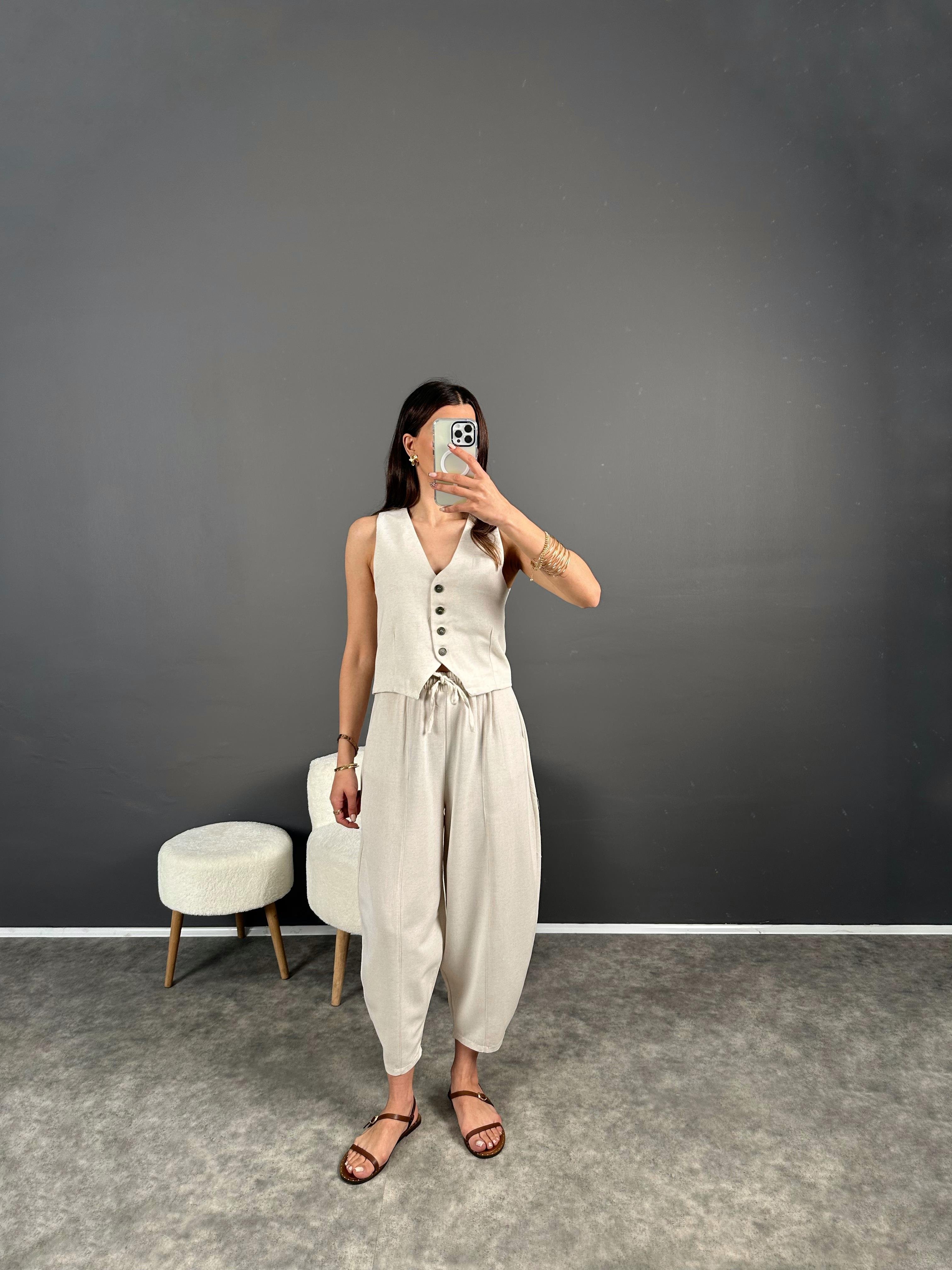 Bian Taş Yelekli Keten İkili Takım GausTAKIMGU007259