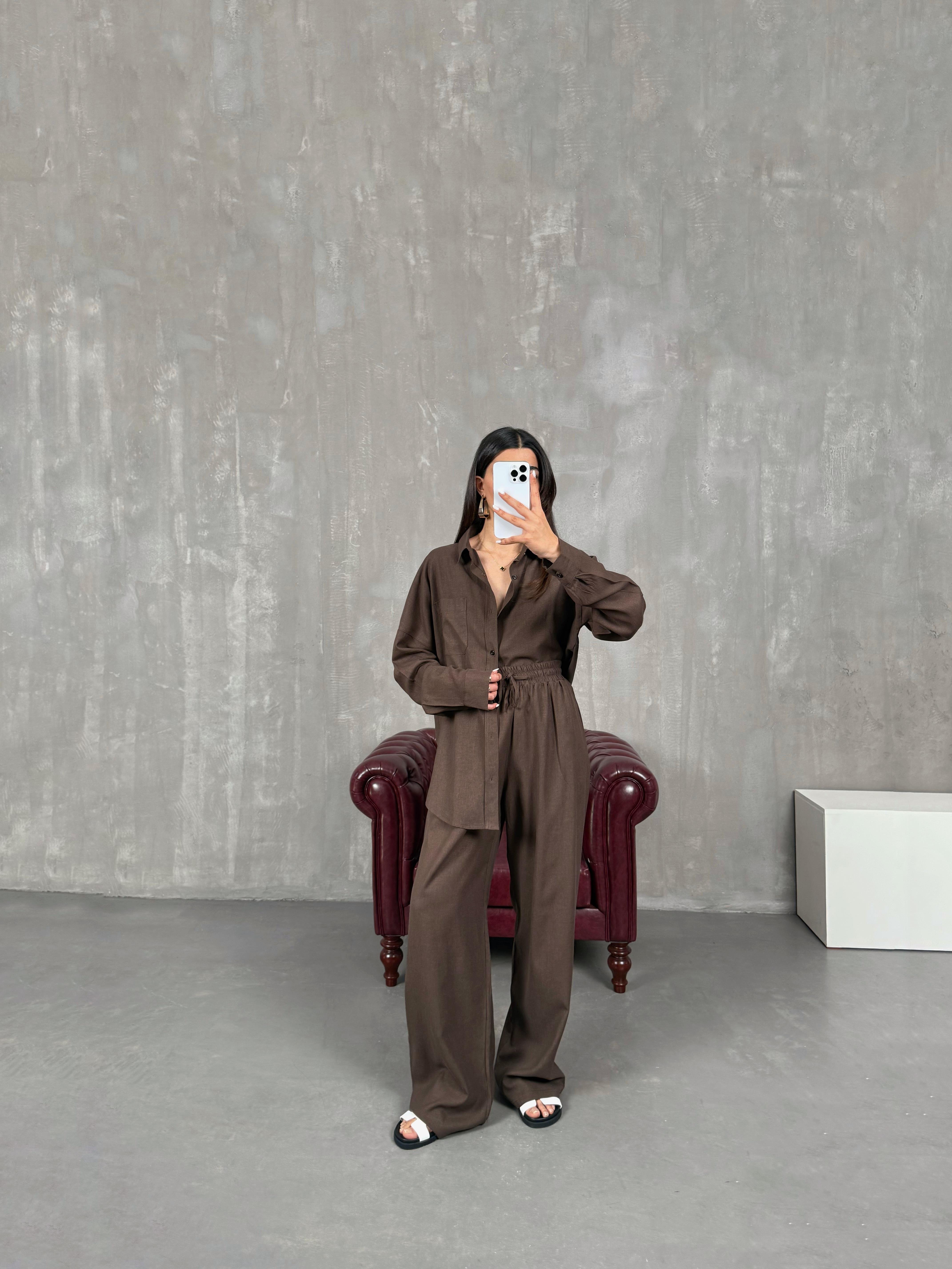 طقم مُعادل كتان لون بني بنطال قميص Gaus00080