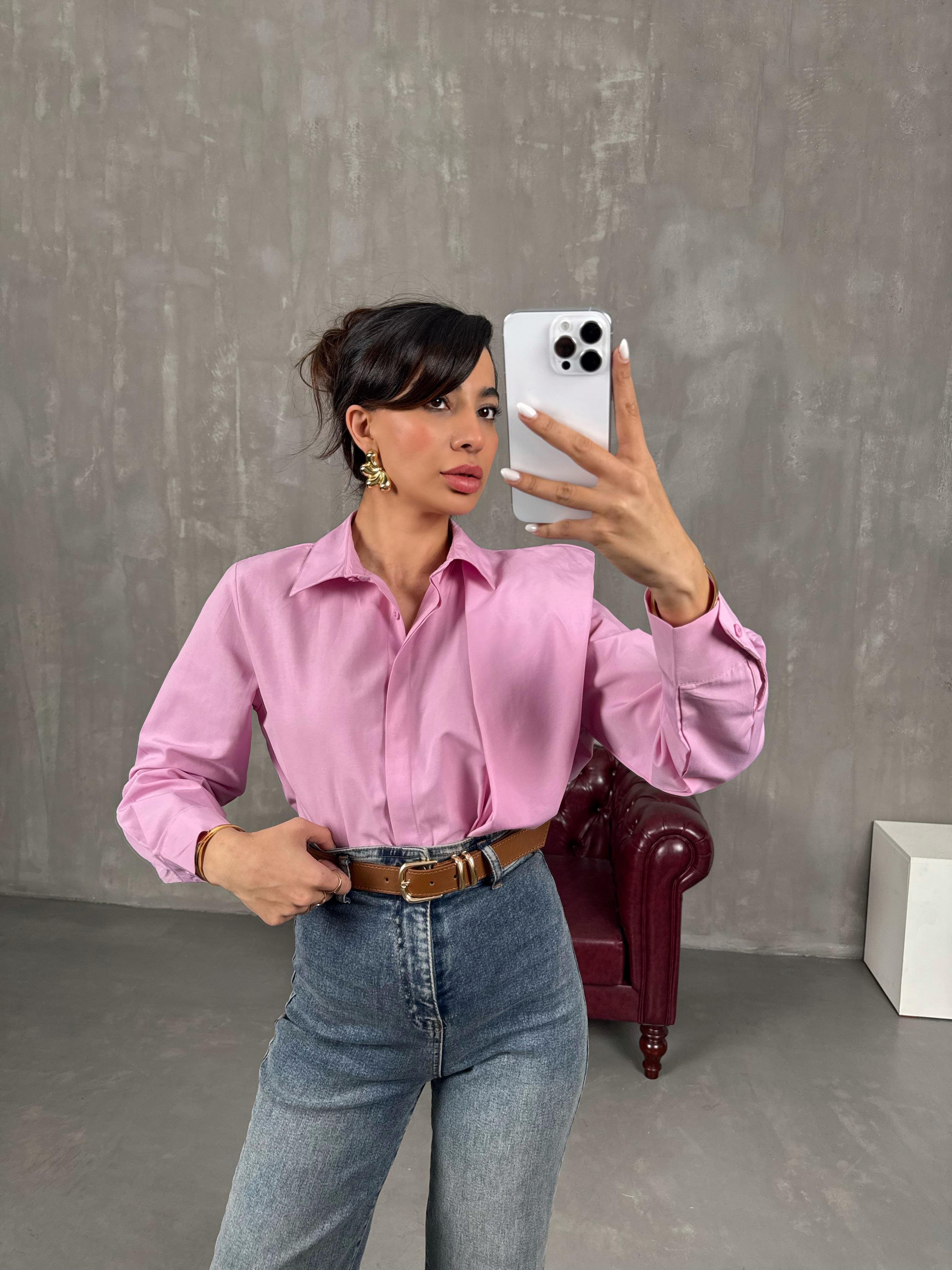 Pembe Tek Omuz Vatka Görünümlü Tasarım Gömlek Gaus00036GausGÖMLEKGU1001076