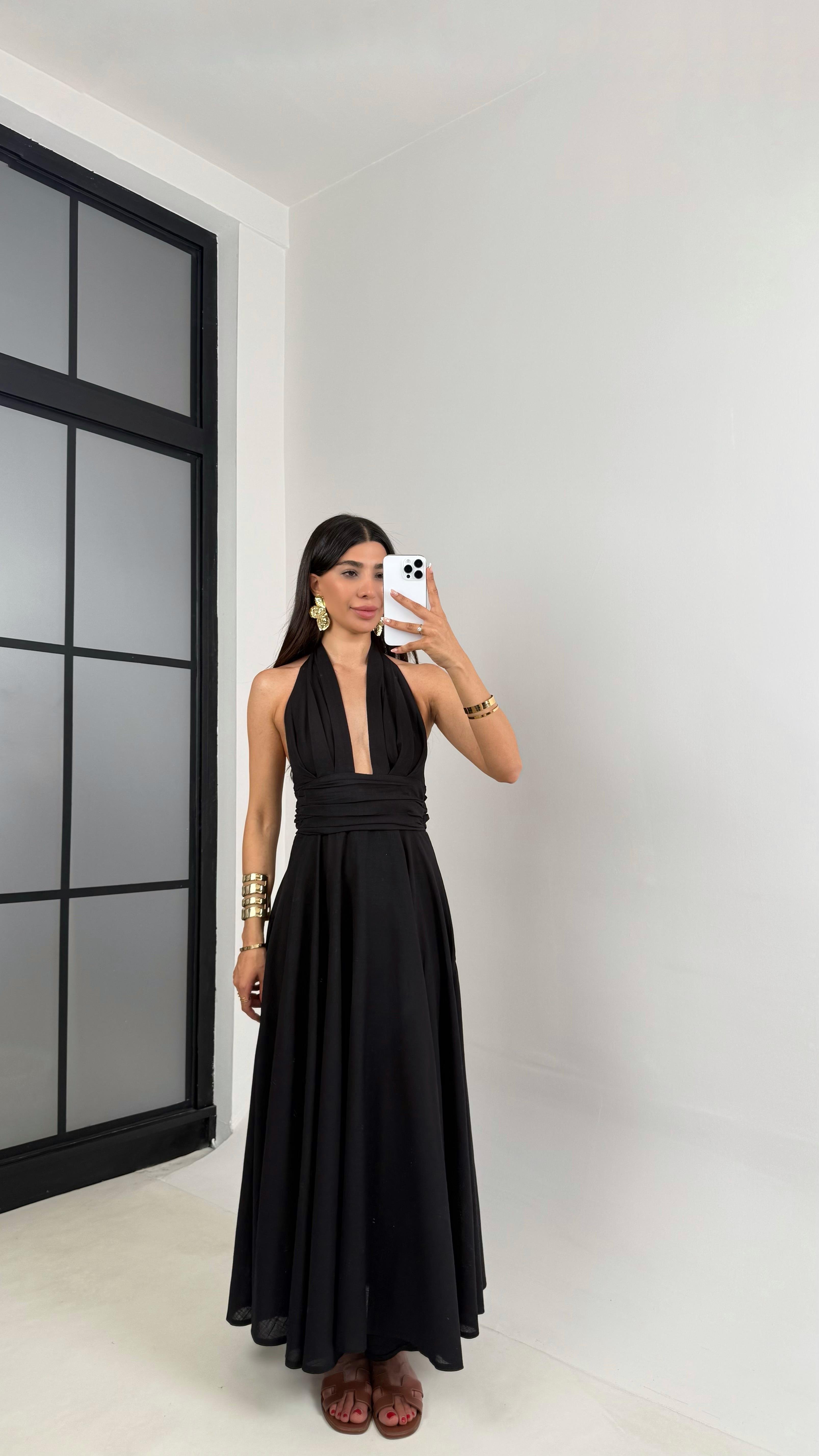 Siyah Boyundan Bağlamalı Astarlı Keten Elbise Gaus00627GausELBİSEGU1002466