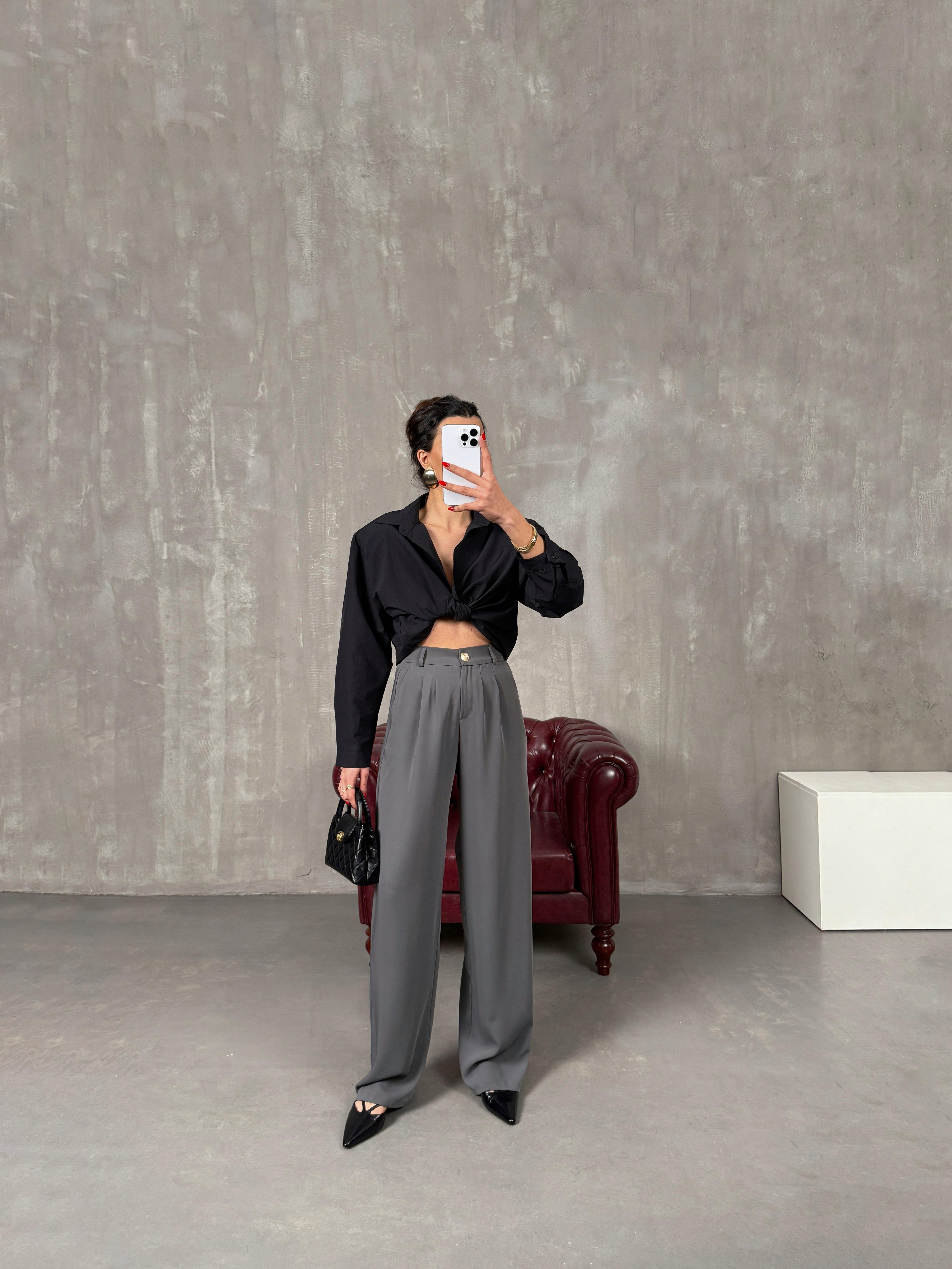 Sagura Gri Beli Lastikli Cepli Premium Pantolon