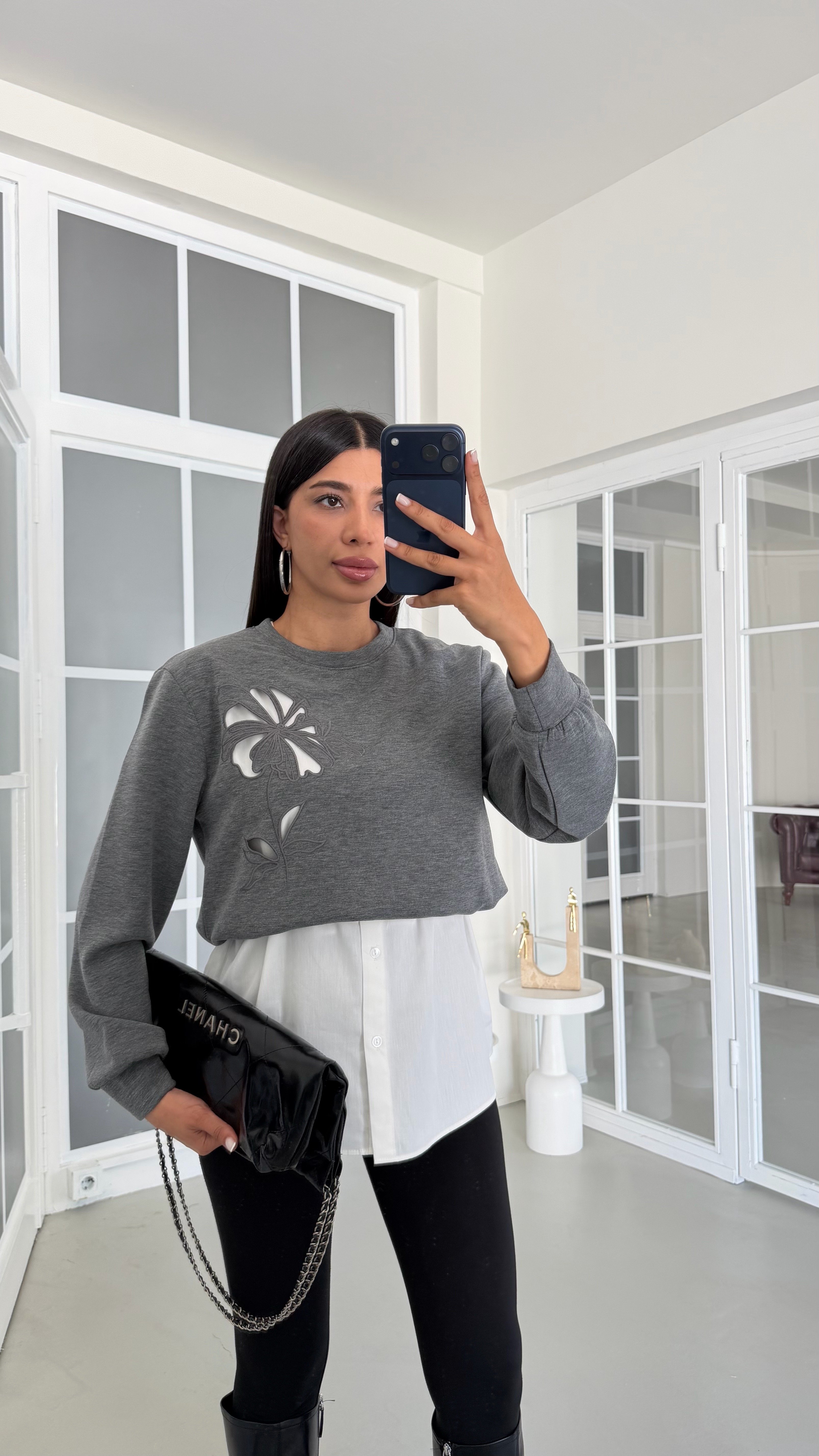 Gri TWST Model Gömlek Detaylı Sweatshirt GAUS-02059GAUSالسويت شيرت GAUS-02059