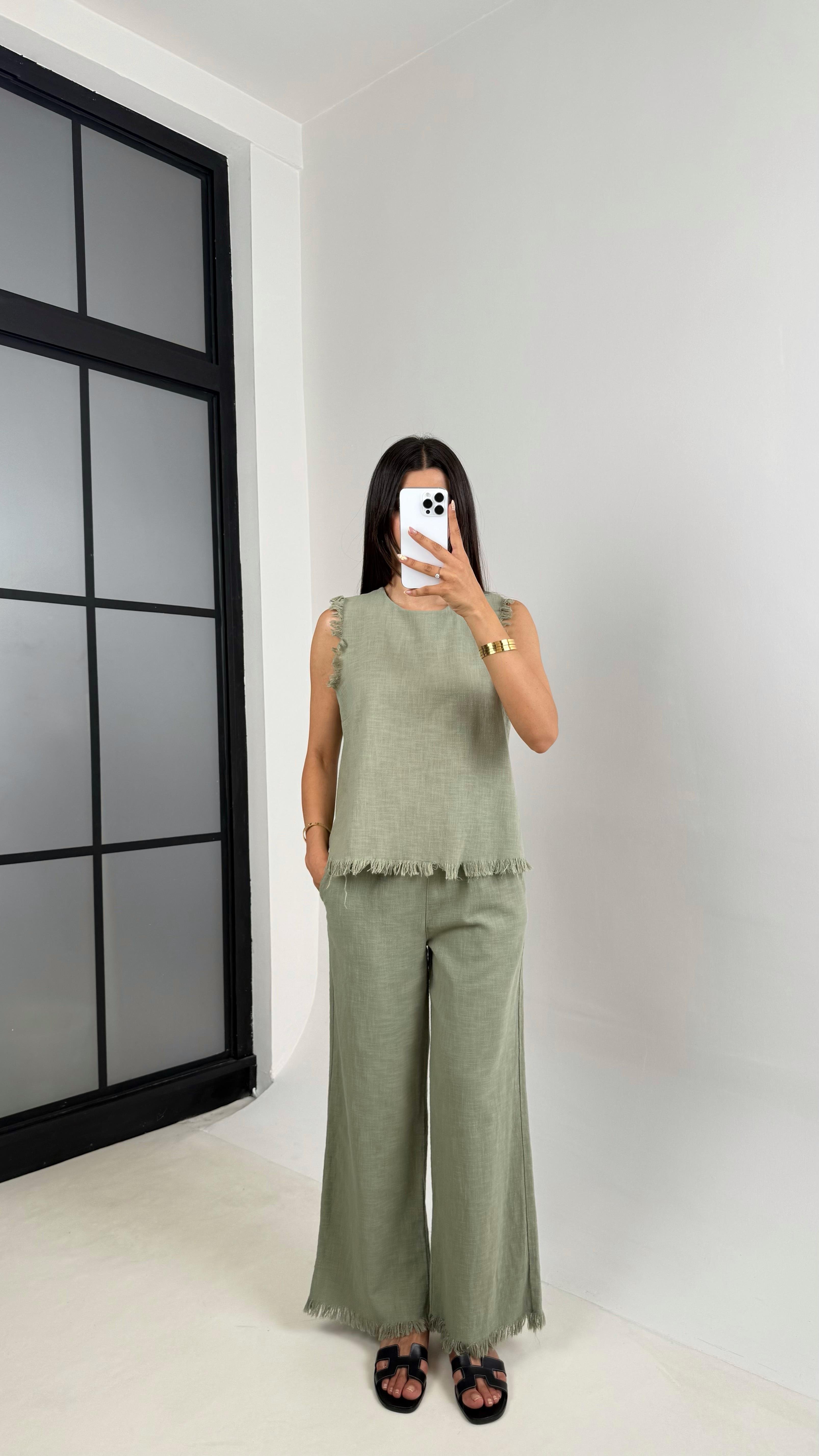Yeşil Püskül Detaylı Bluz Beli Lastikli Cepli Pantolon Keten Takım Gaus00646 GausTAKIMGU1002502