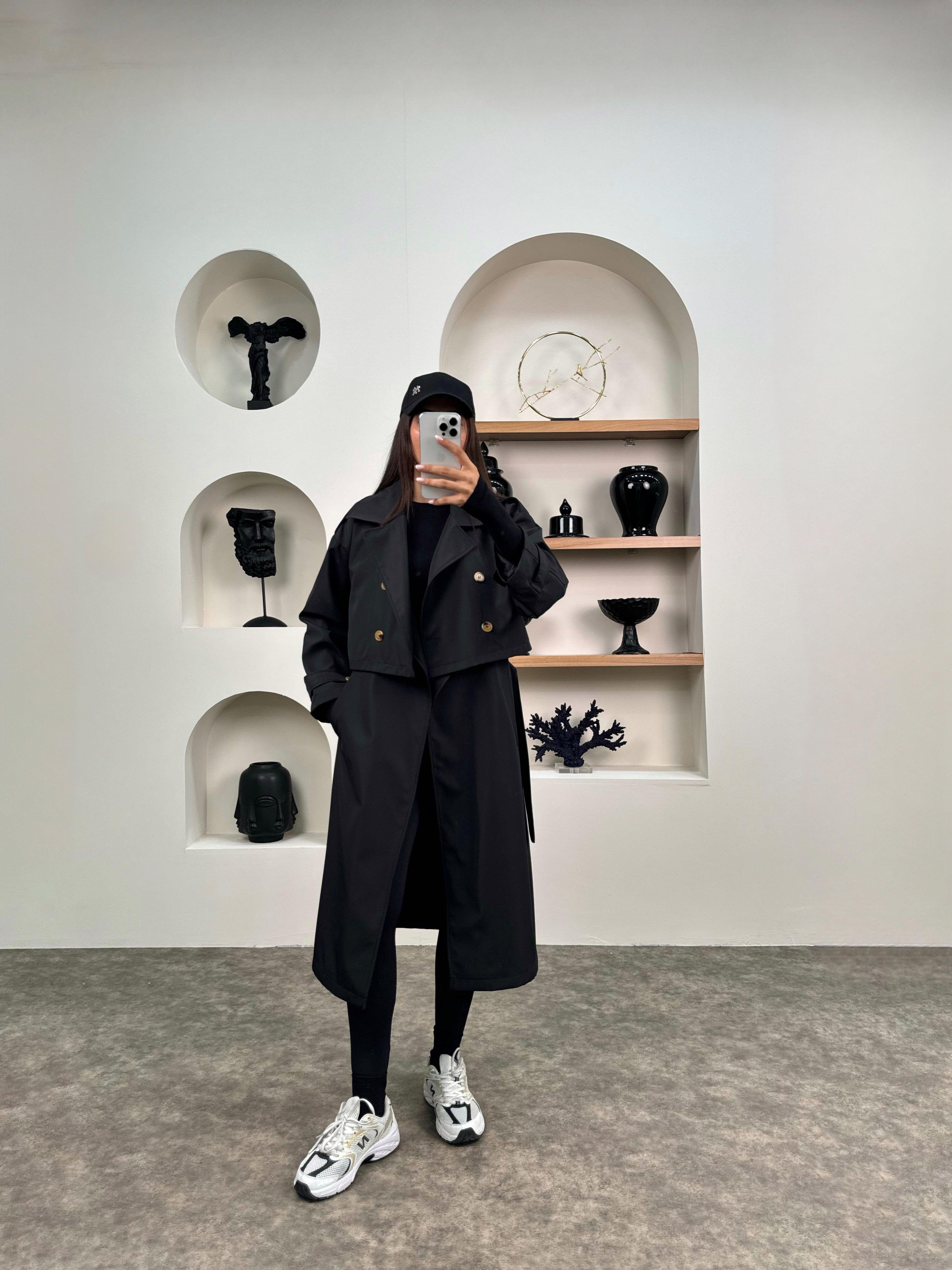 Espe Siyah Premium Astarlı İkili Sihirli Trençkot