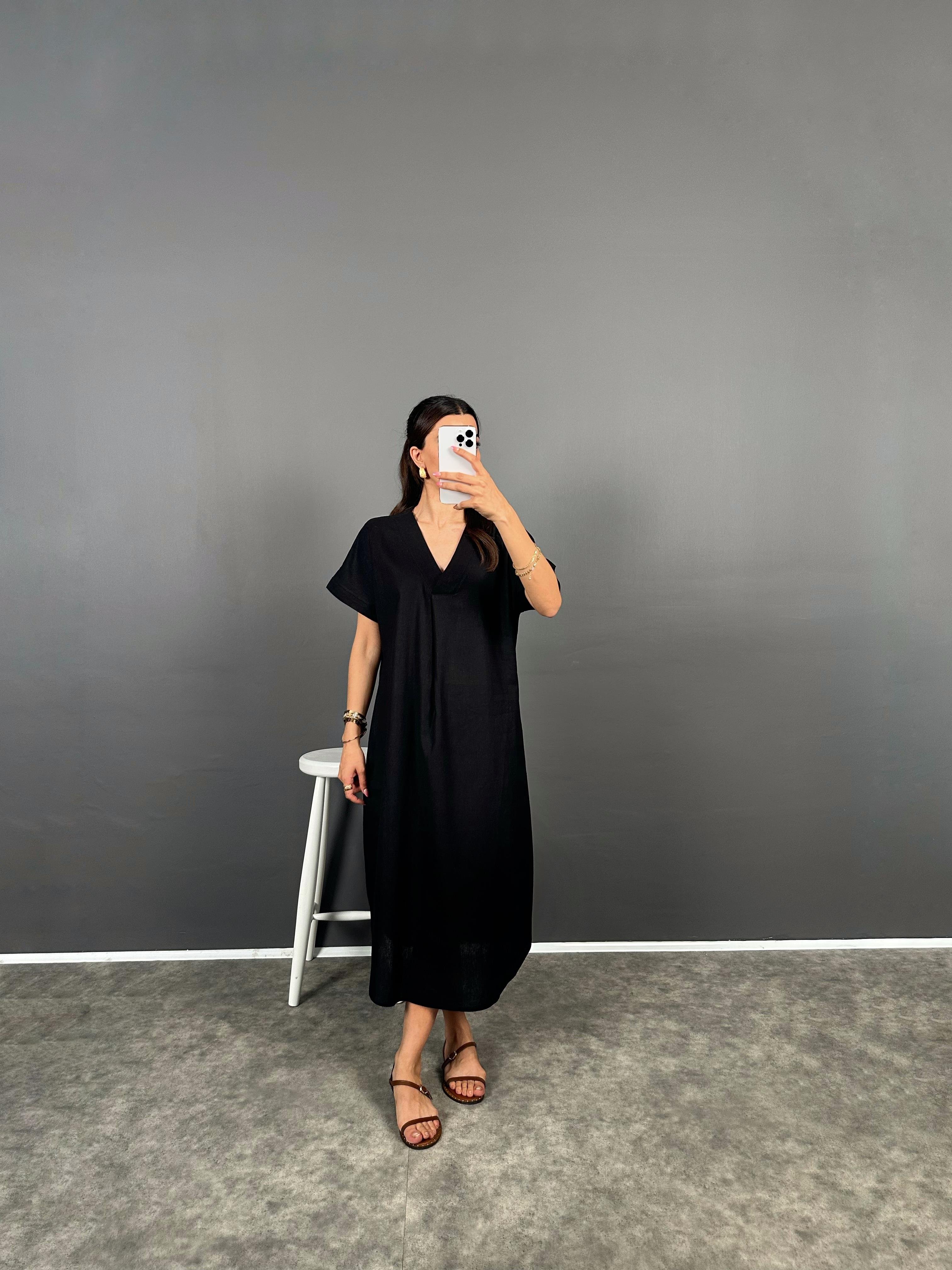 Anita Siyah V Yaka Premium Midi Keten ElbiseGausELBİSEGU008686