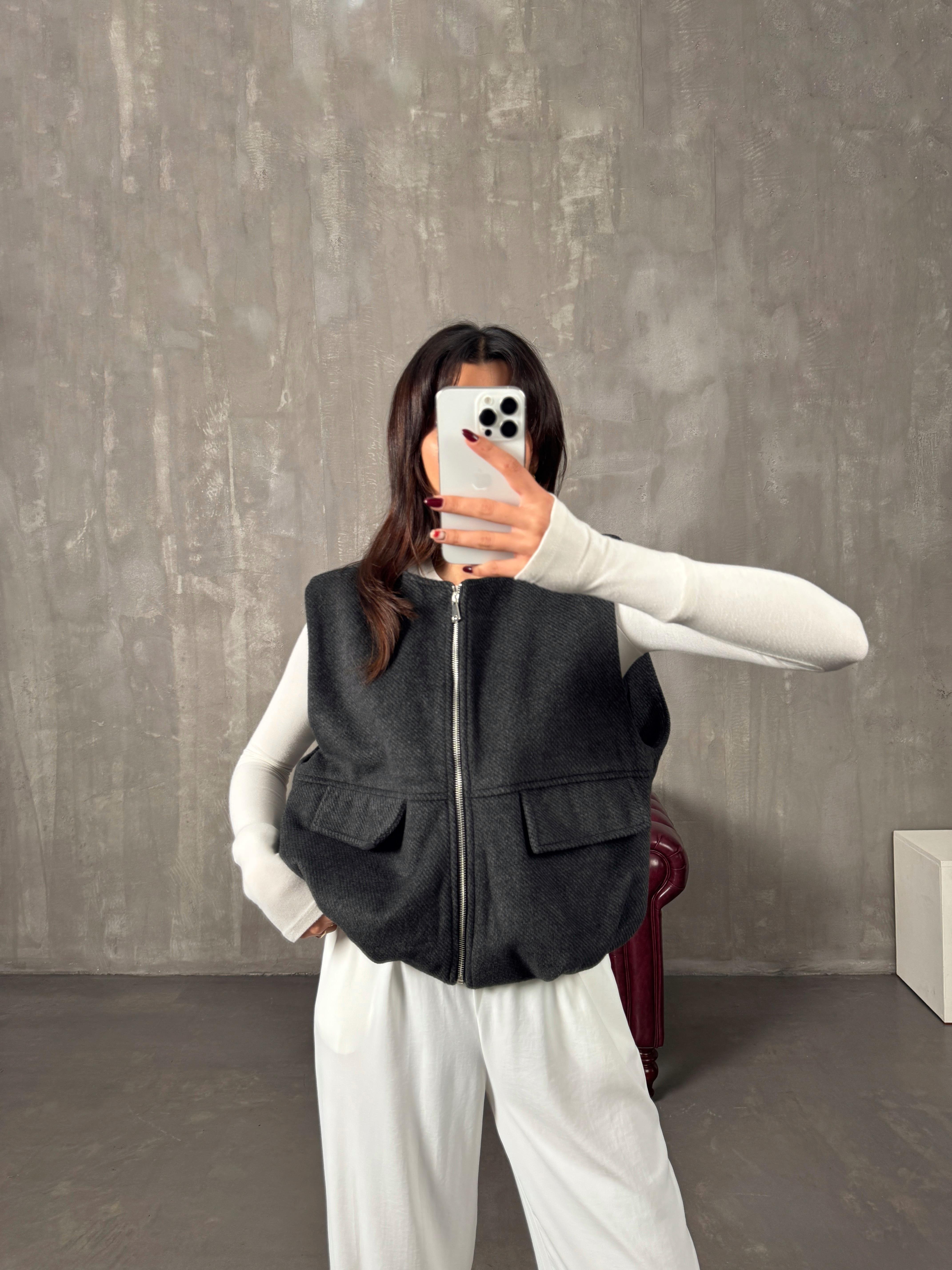 Exer Antrasit Fermuarlı Astarlı Kaşe YelekGausYELEKGU10037