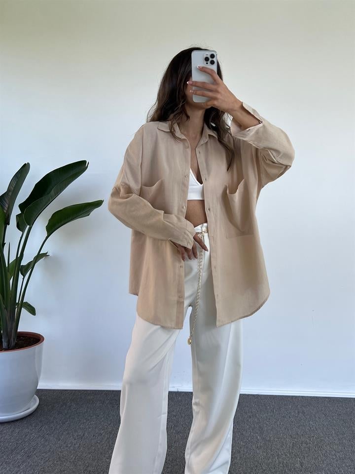 Caliope Bej Keten Oversize GömlekGausGÖMLEKGU001180