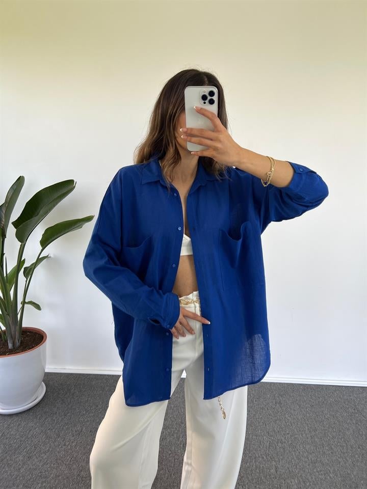 Caliope Saks Mavisi Keten Oversize Gömlek GausGÖMLEKGU001176