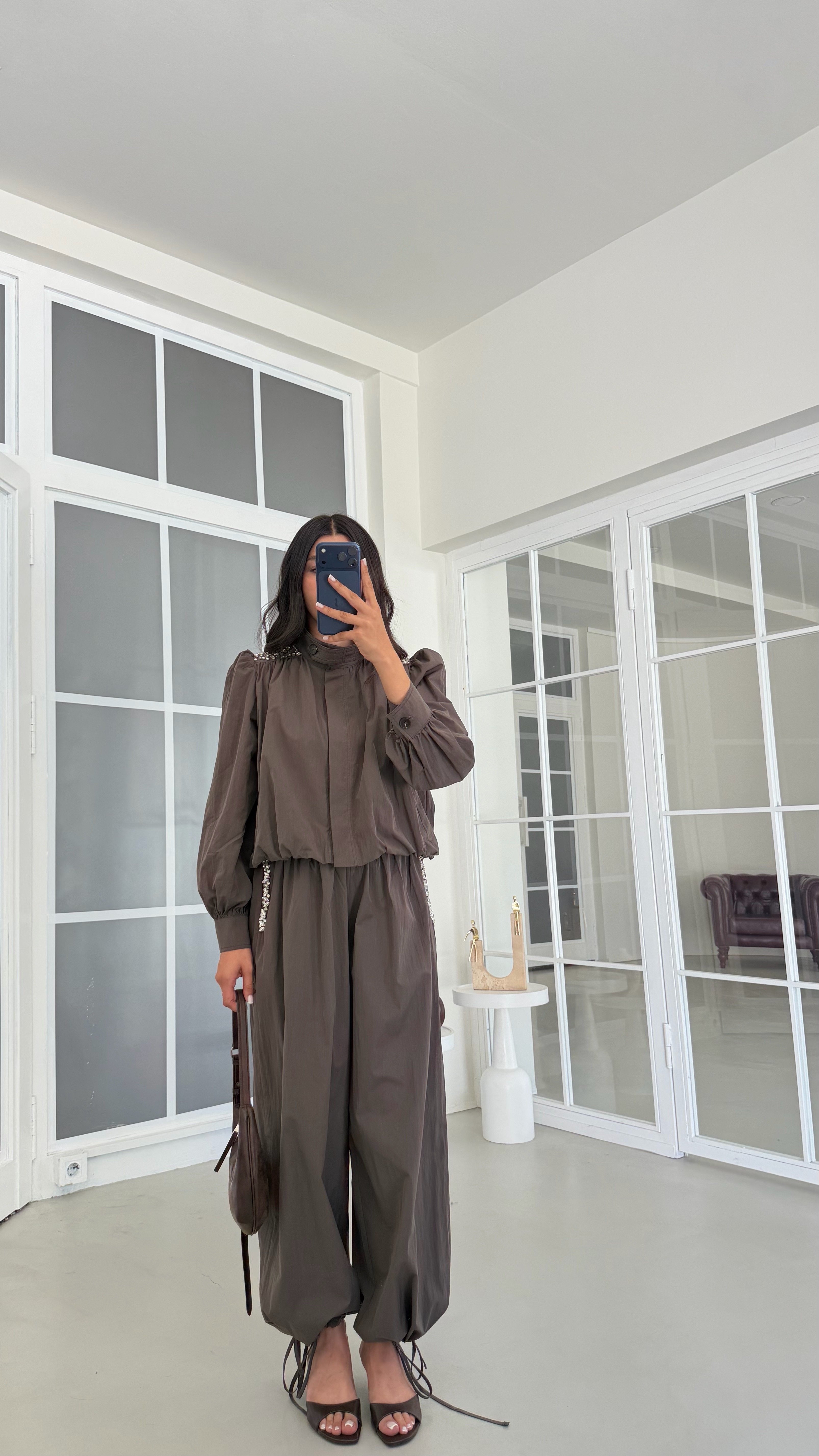 Kahve Taş Detaylı Astarlı Ceket Beli Lastikli Pantolon İkili Paraşüt Kumaş Takım GAUS-02087GAUSTAKIMGAUS-02087