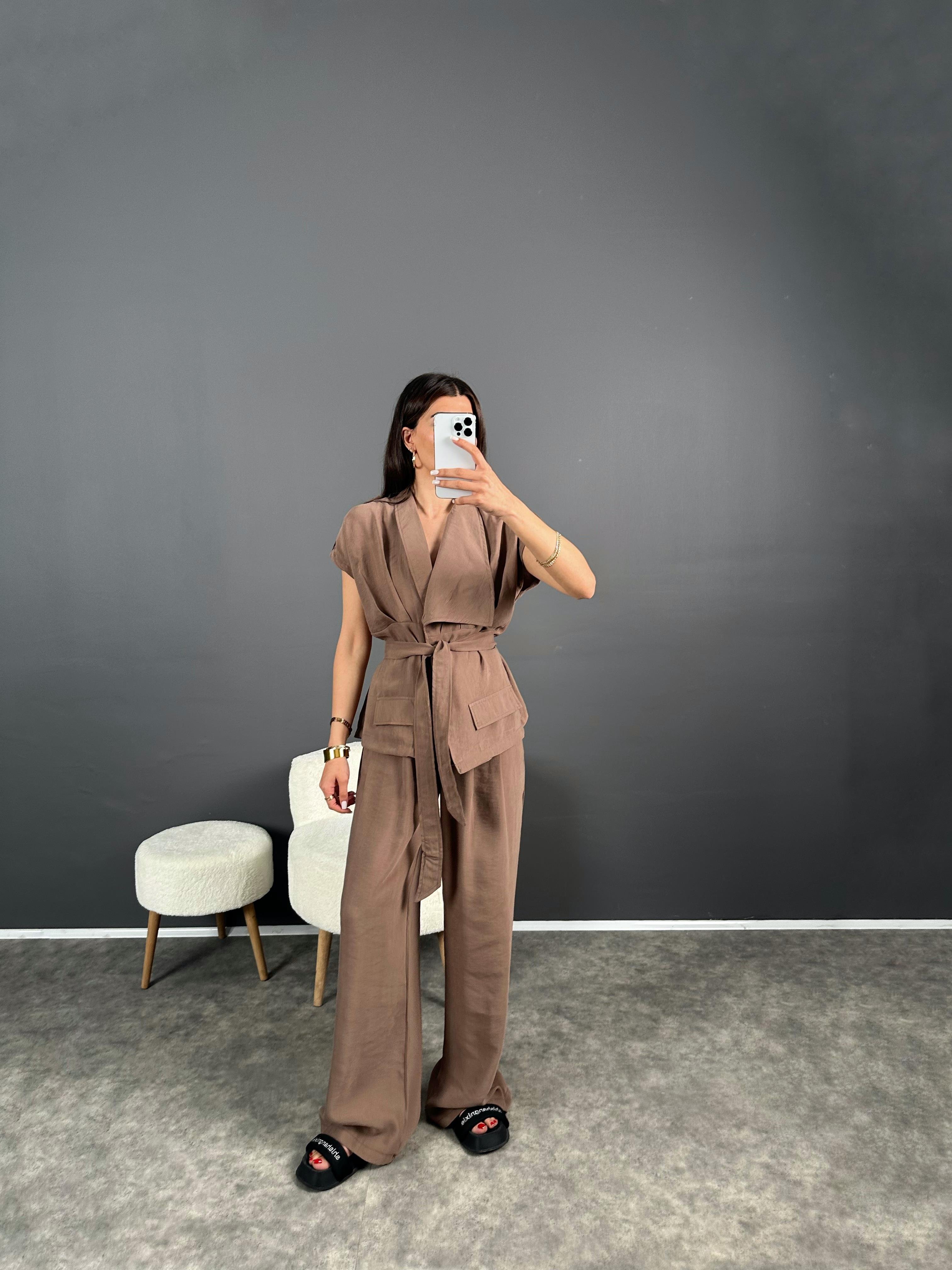 Leson Kahverengi Premium Tensel Kumaş Yelekli İkili Takım