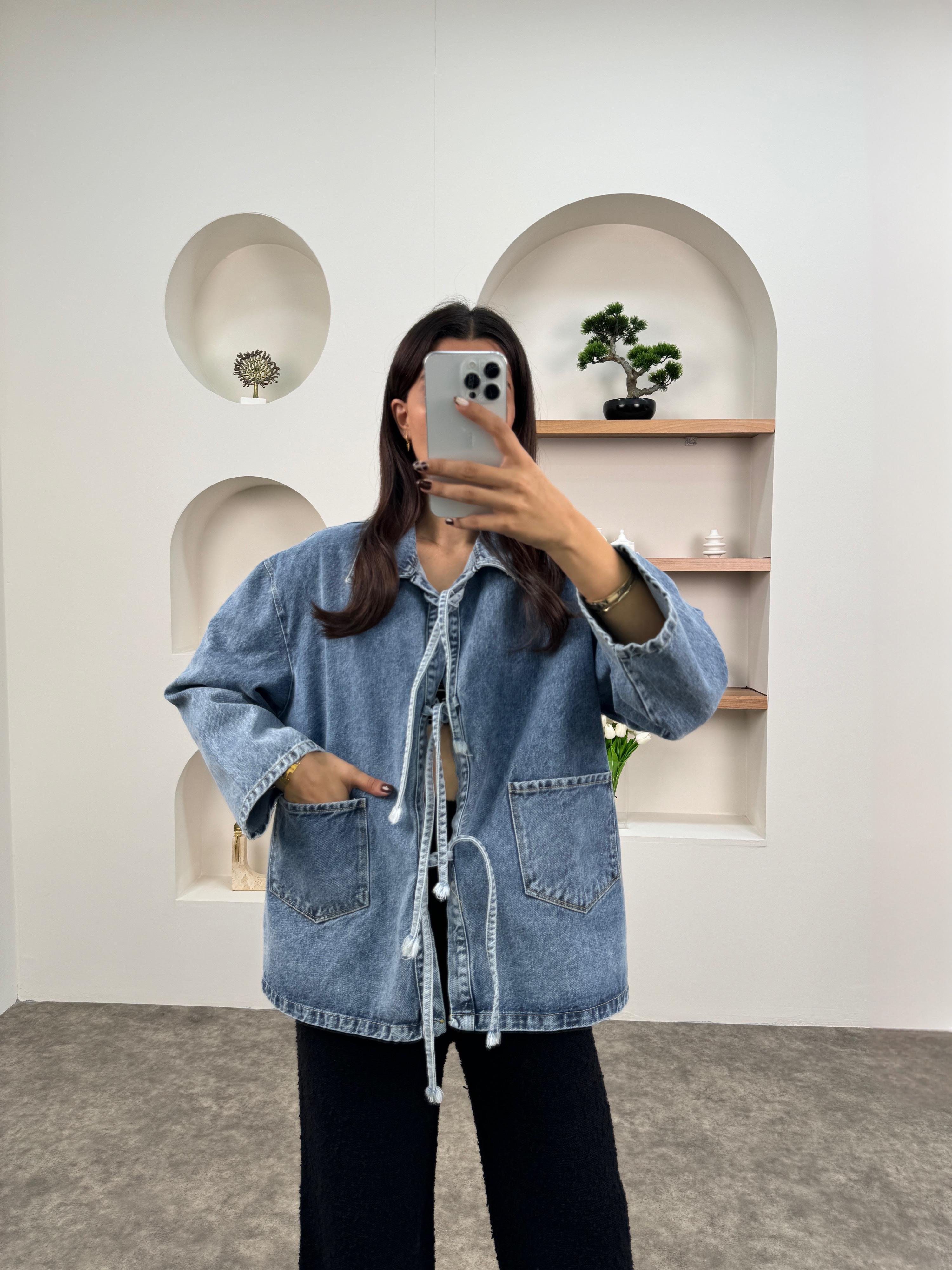 Lessa Yıkamalı Kot Önden Bağlamalı Cepli Ceket