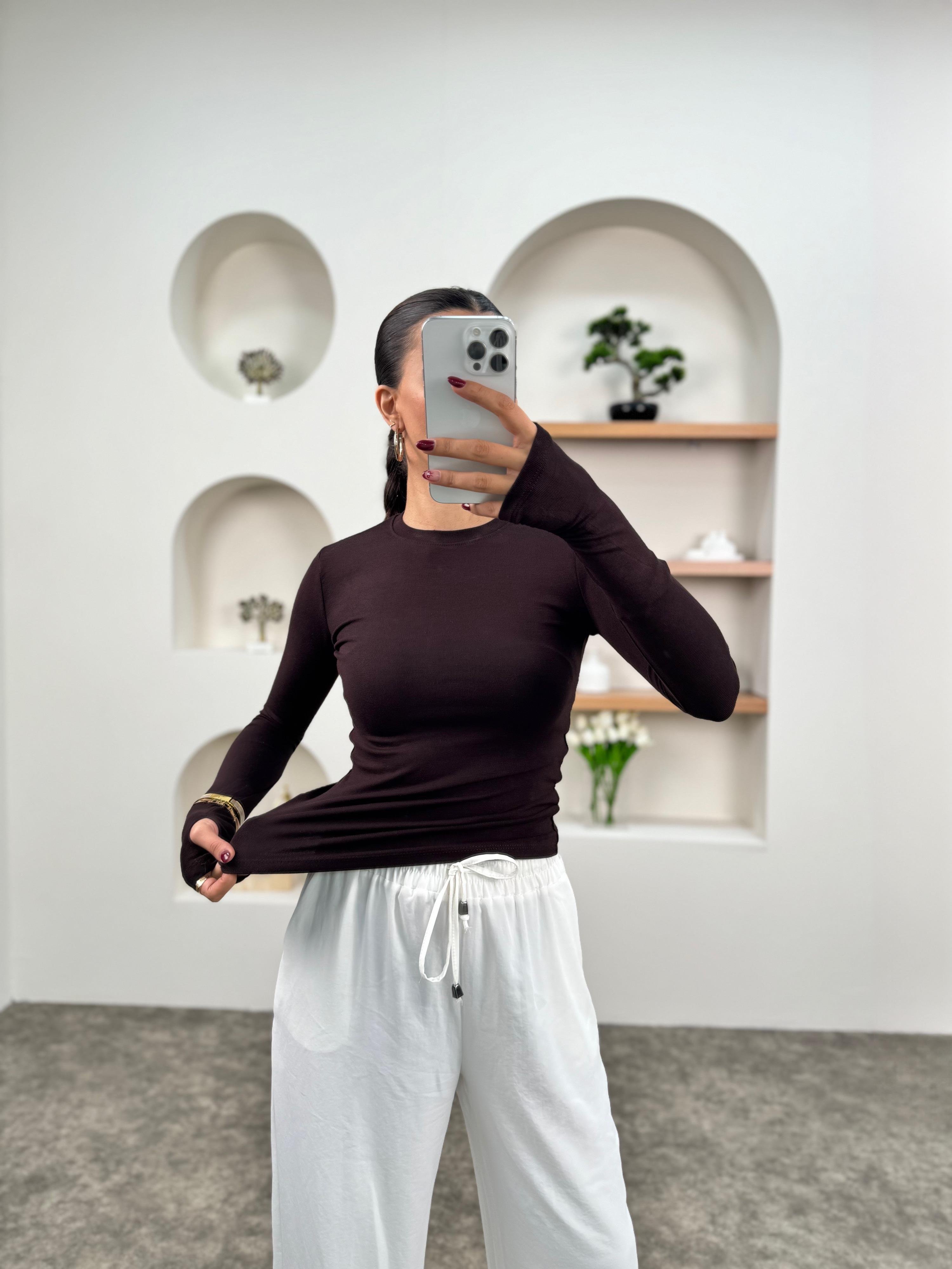 Odri Kahve Oys Modal Kumaş Bisiklet Yaka El Detaylı Bluz