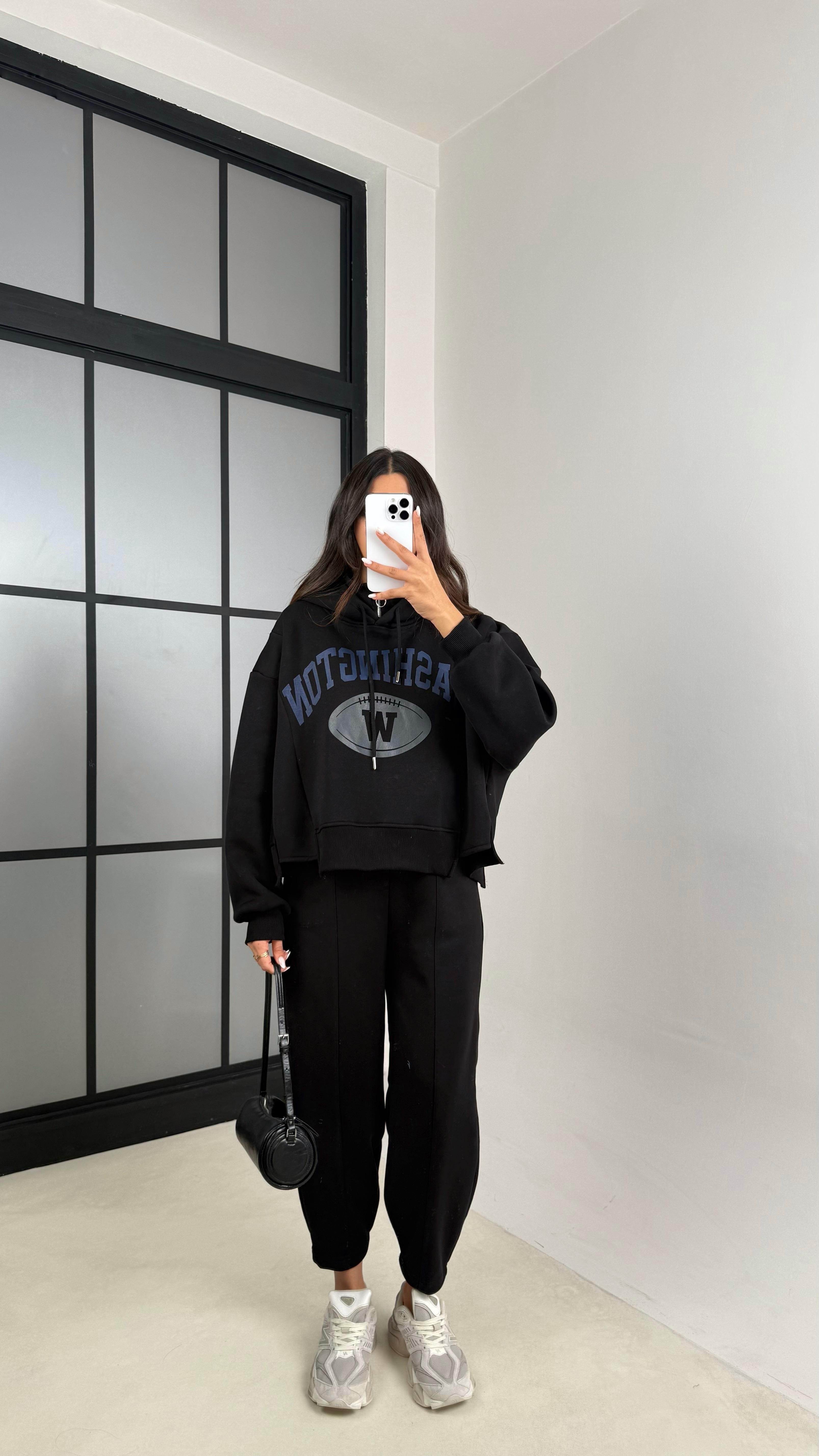 Siyah Kapüşonlu Sweatshirt Beli Lastikli Pantolon 3 İplik Şardonlu Takım GAUS-00530GAUSTAKIMGAUS-00530