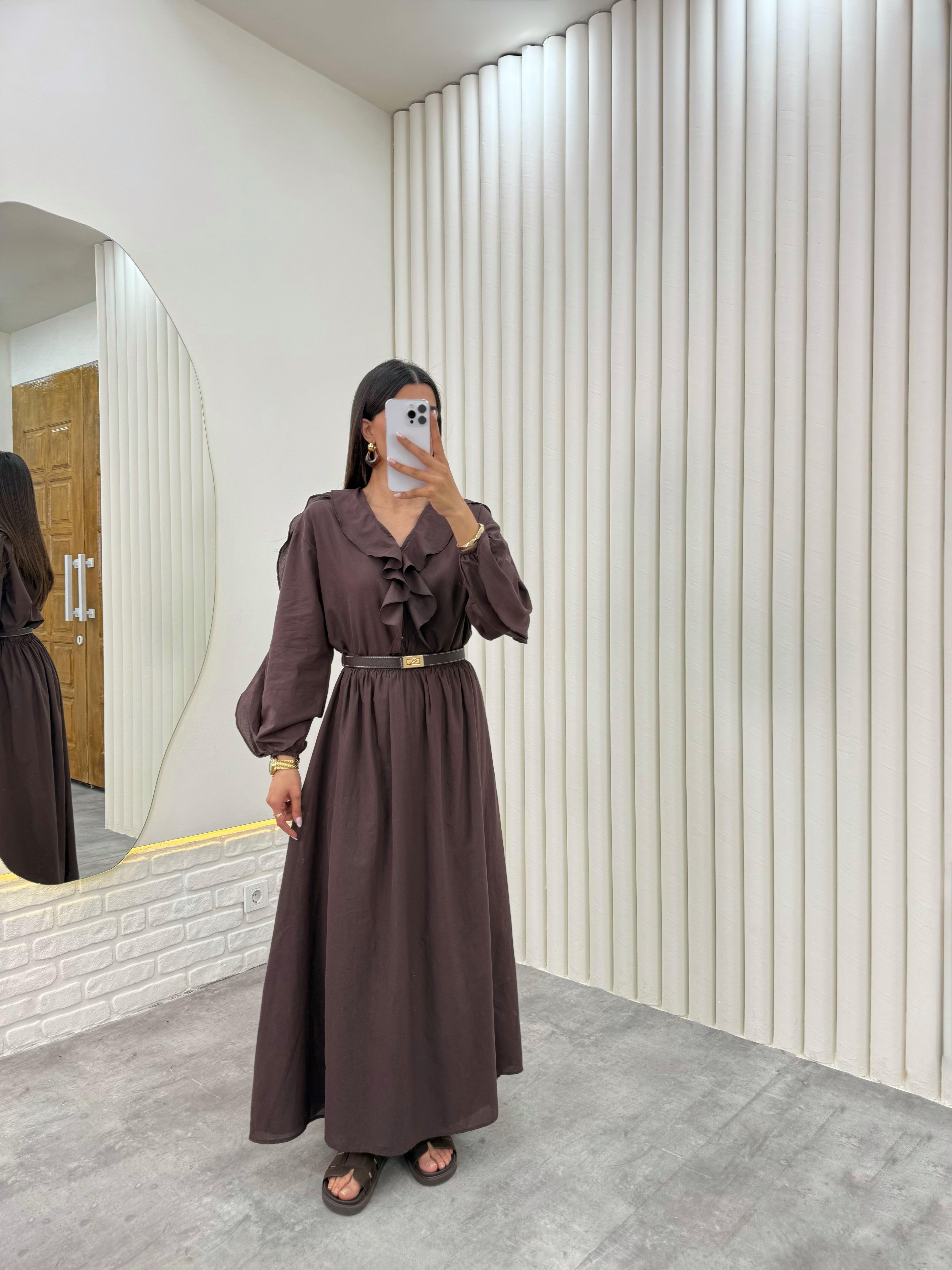 Acı Kahve  Önü Düğmeli Fırfırlı Üst Beli Lastikli Astarlı Etek Vual İkili Takım Gaus00321GausTAKIMGU1001744