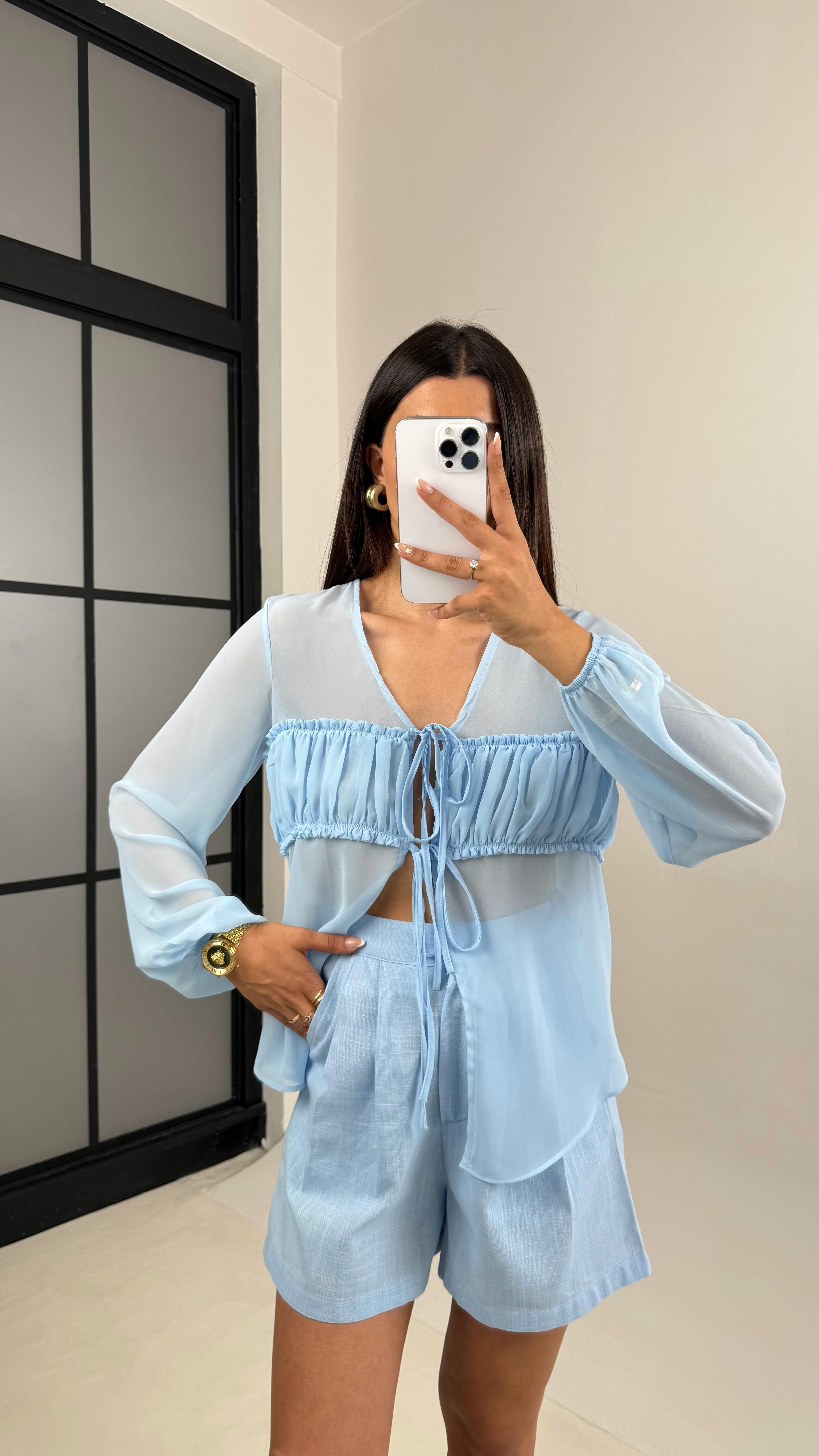 Mavi Önü Bağlamalı Transparan Gömlek Keten Şort Takım Gaus00615GausTAKIMGU1002438